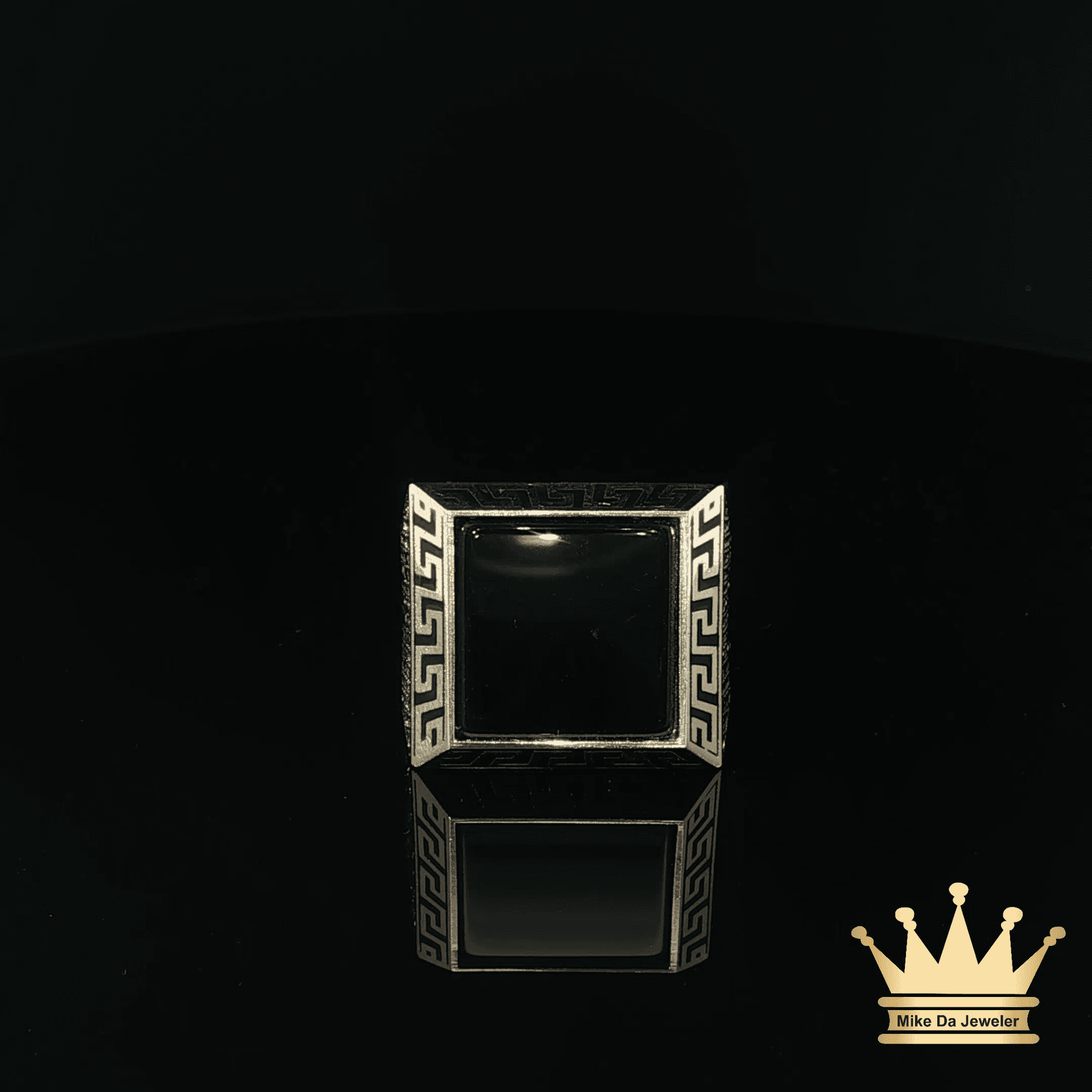 14K Yellow Gold Black Onyx Men’s Ring with Greek Key Frame