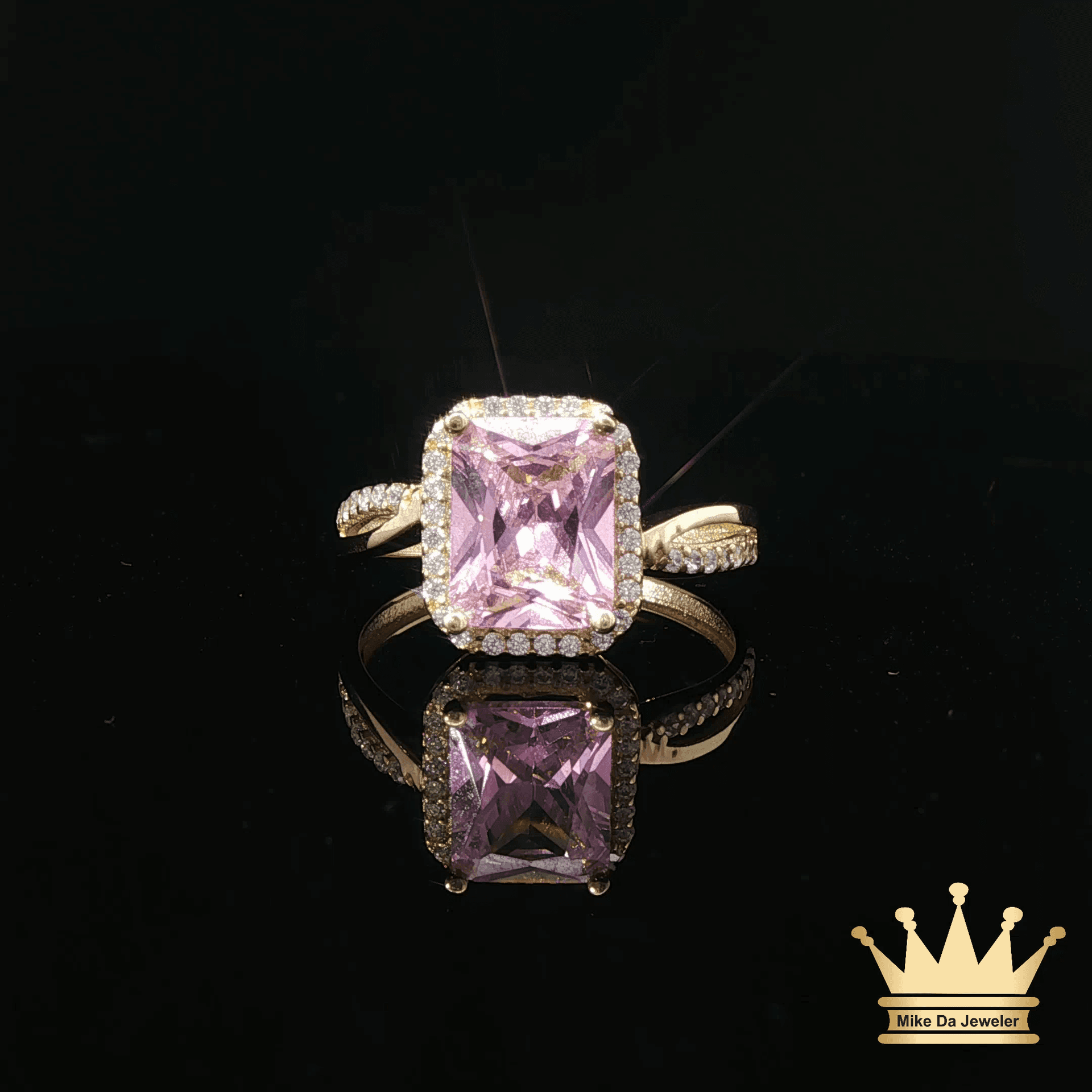 14K Yellow Gold Pink Cubic Zirconia Halo Ring