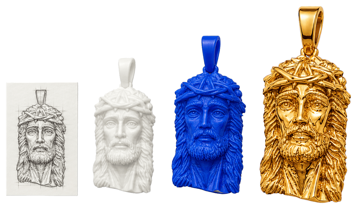 Custom Jesus-head pendant progressing from concept sketch to resin, wax, and finished solid gold jewelry