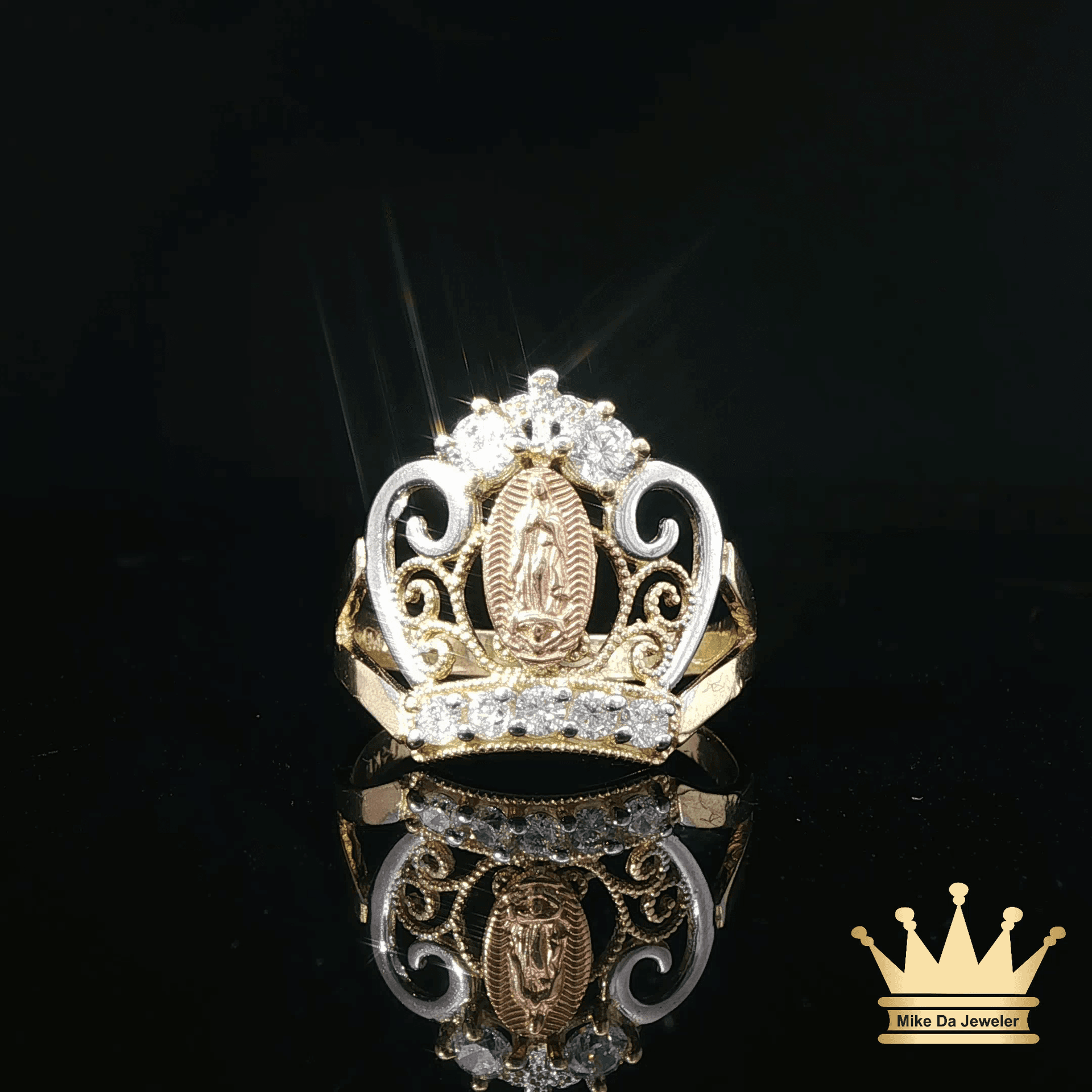 14K Tri-Color Gold Crown Saint Mary Ring with Cubic Zirconia