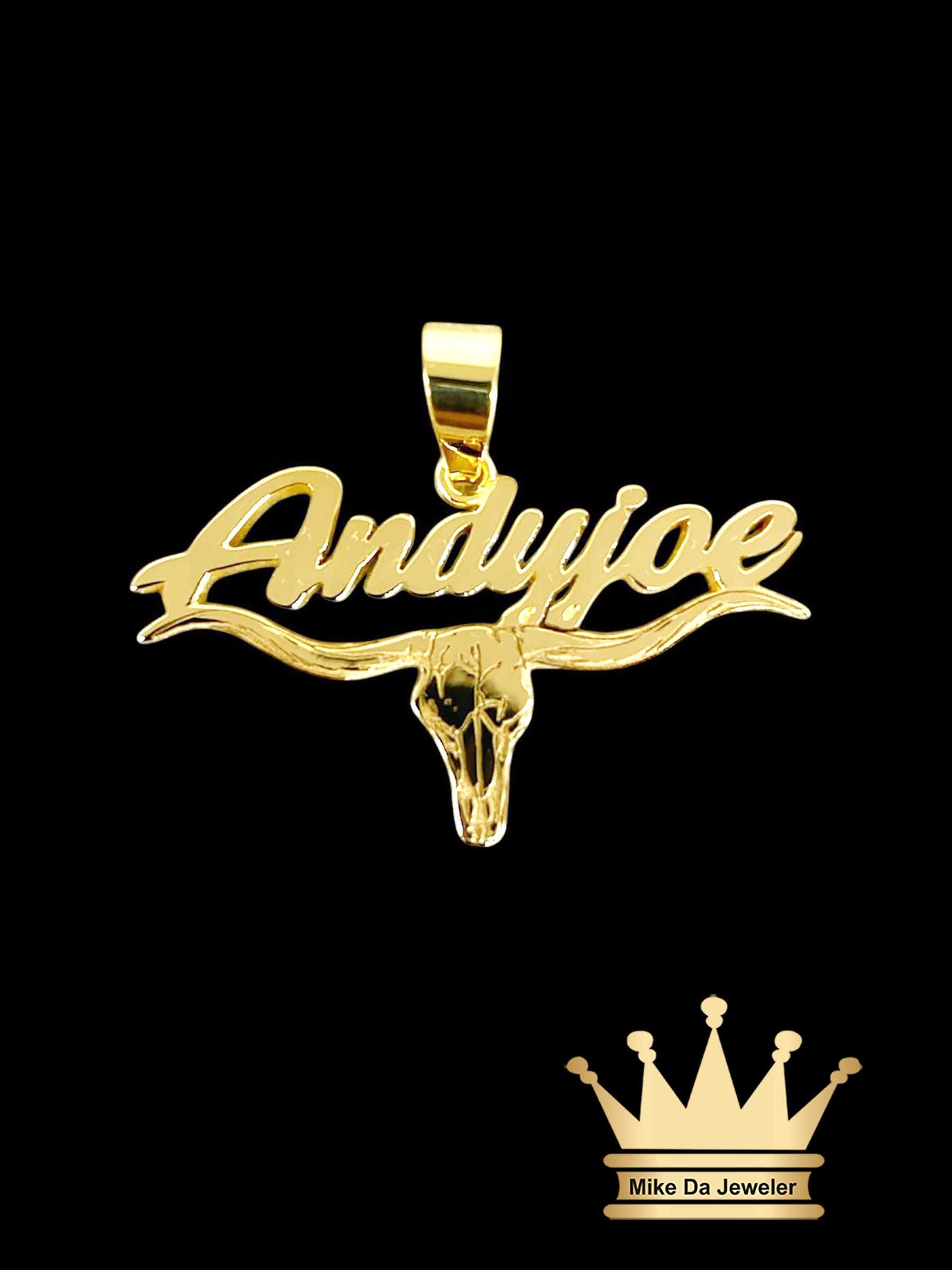 18k Gold Custom Name with Bullhead Pendant