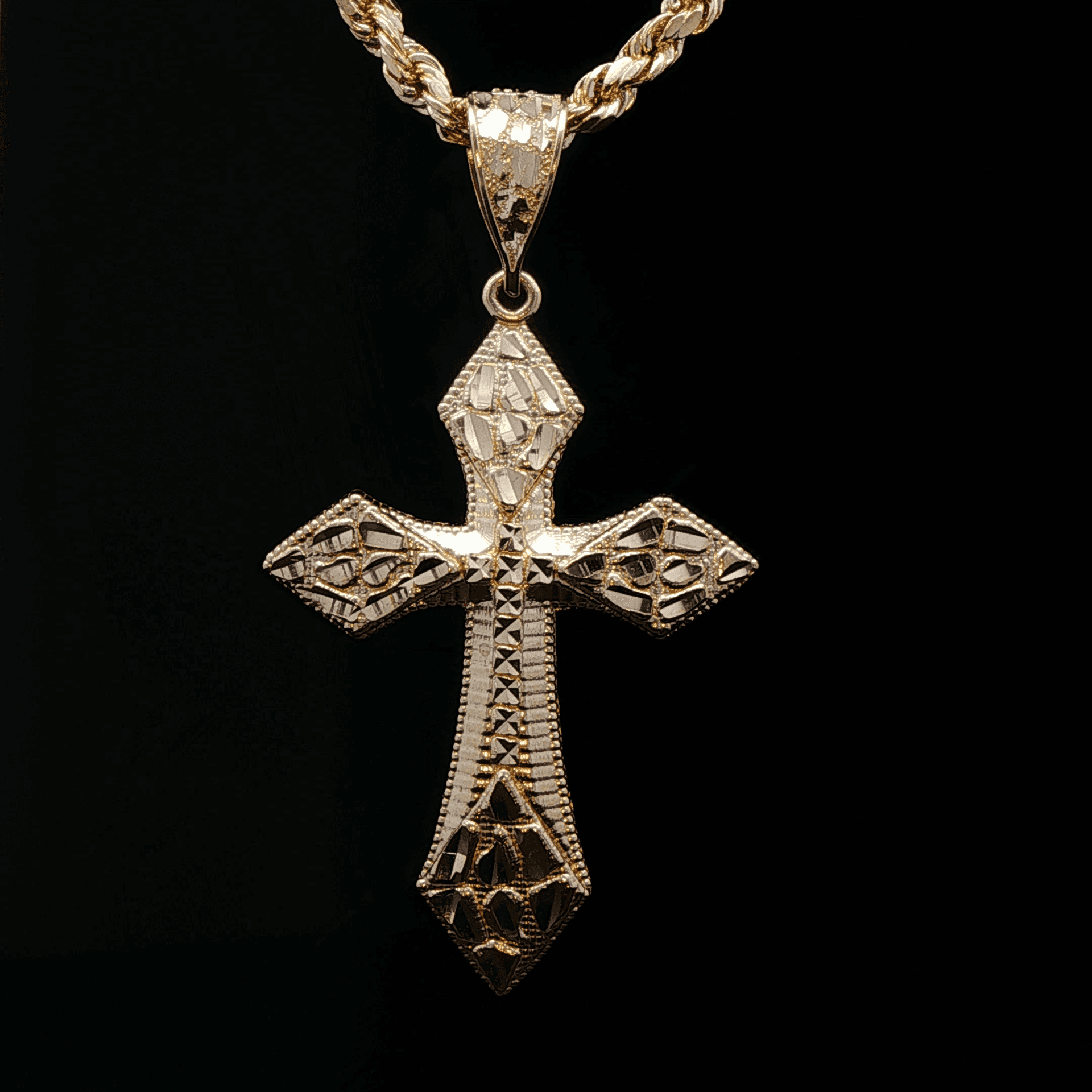 14K Gold Nugget Cross Pendant with 18K Rope Chain