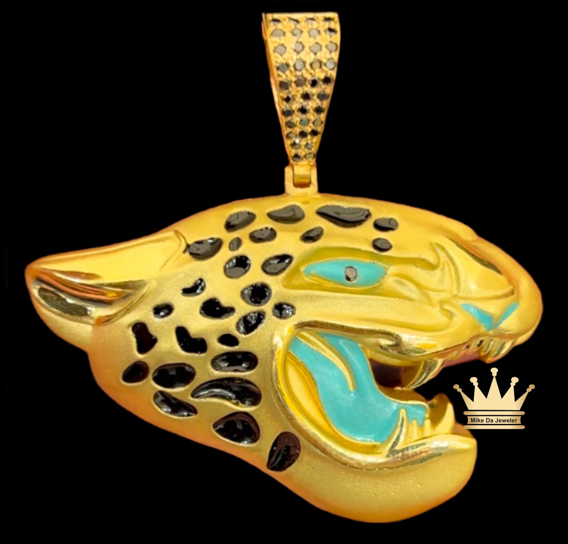 Solid 18k yellow gold custom made Jacksonville Jaguar mens charm with enamel and black diamonds grams 40
