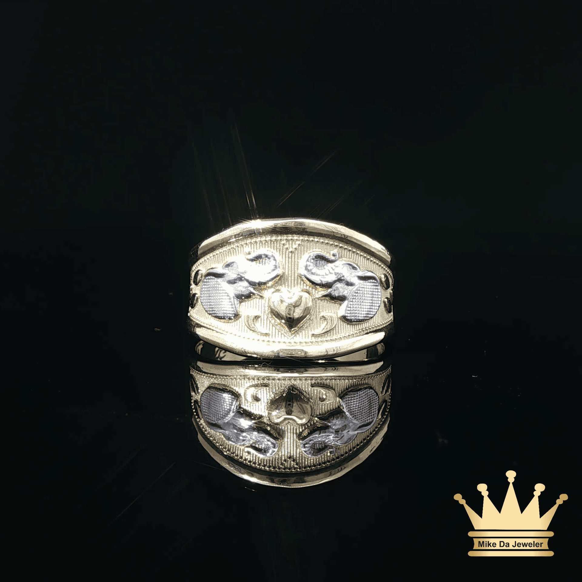 14K Tri-Color Gold Elephant & Heart Ring