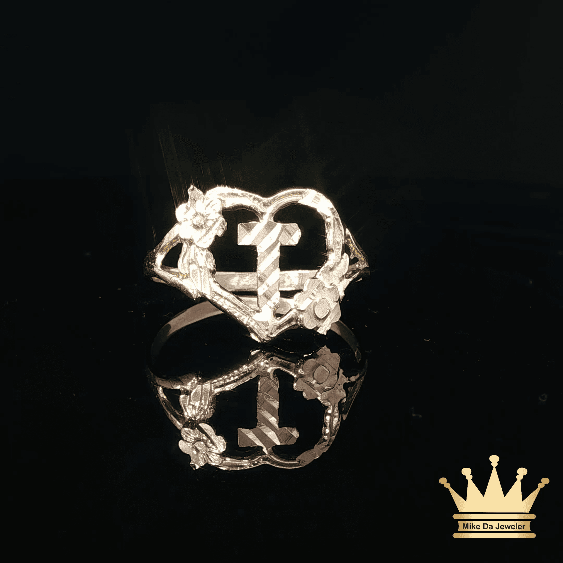 14K Two-Tone Gold Heart Ring with Cross & Floral Accents