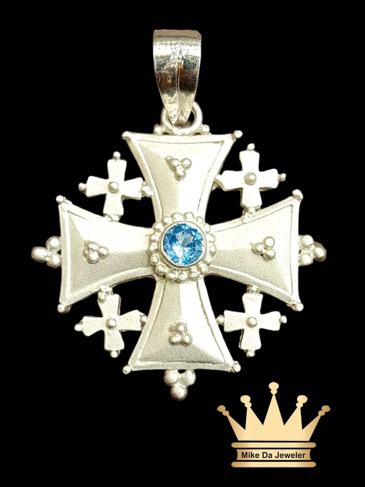 Silver Custom Made Jerusalem Cross Pendant with Aquamarine Stone