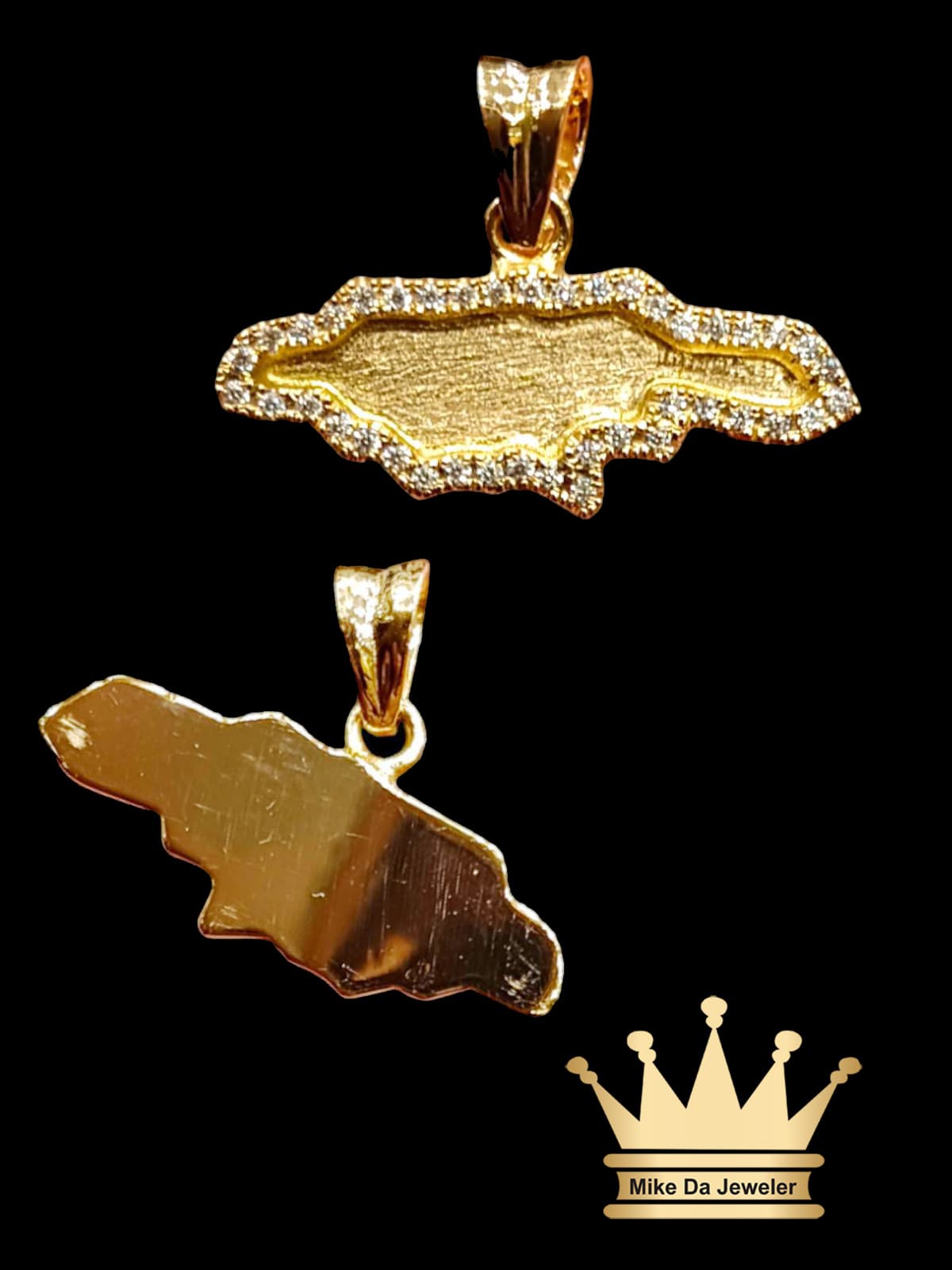 18K Hand Made Jamaican Map Pendant with CZ Stone