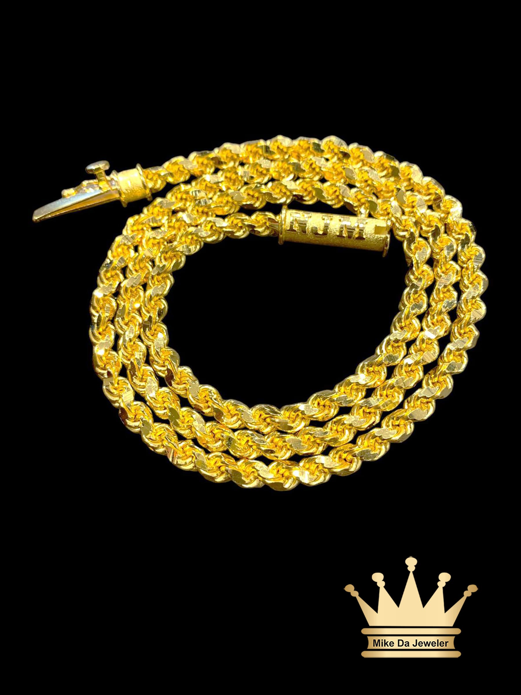 21K Solid Gold Diamond-Cut Rope Chain, 24 Inch