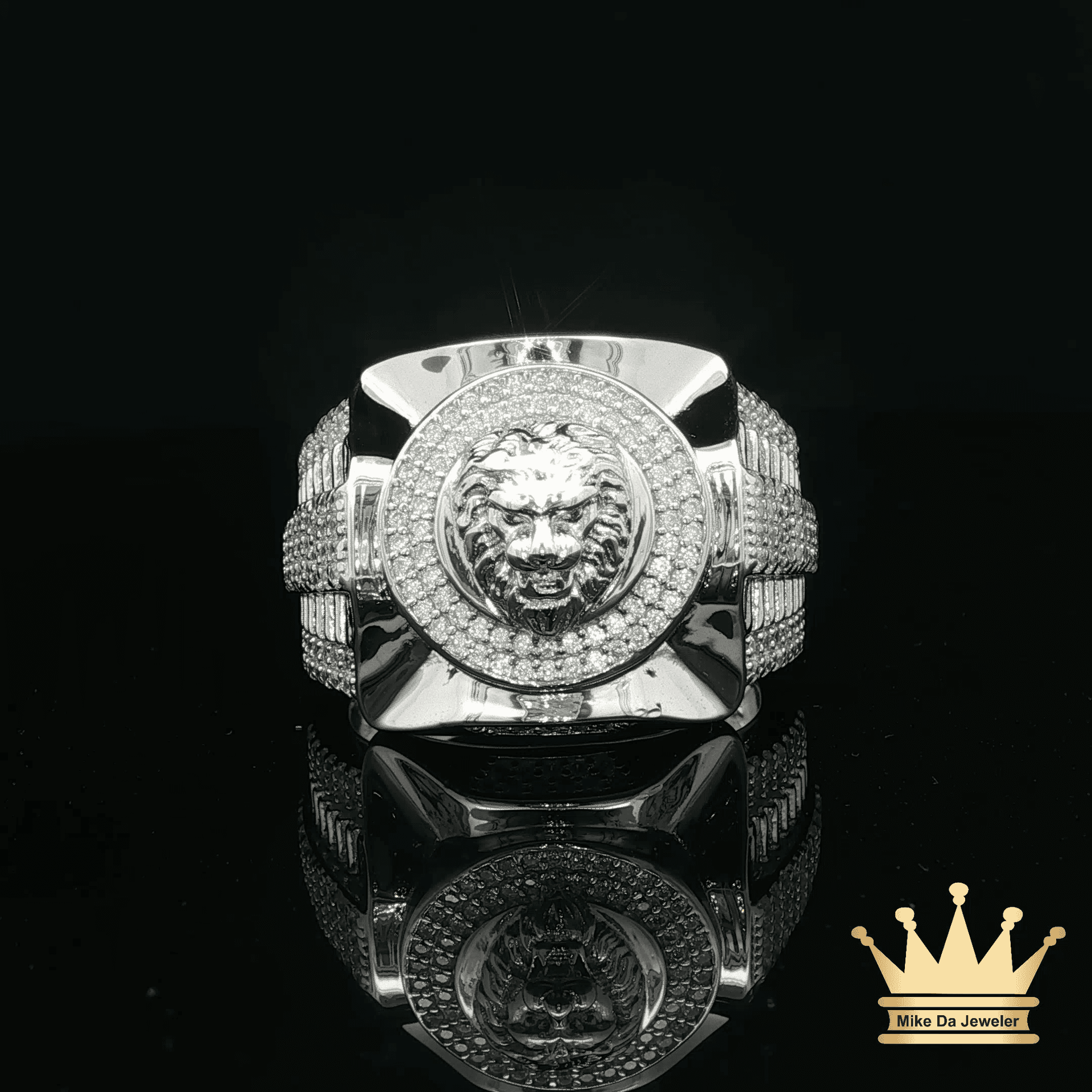 Square Lion Head Ring in Sterling Silver – Iced Circle Design