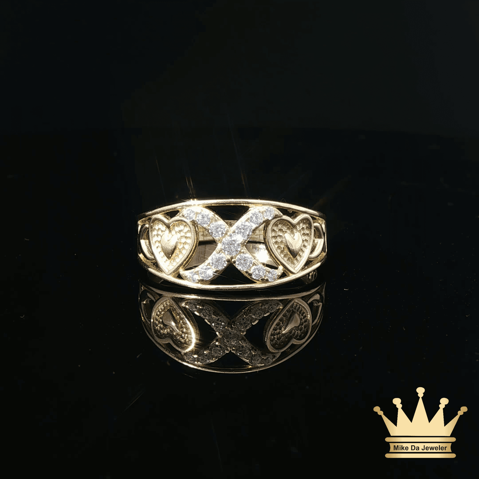 14K Yellow Gold X & Heart Ring with Cubic Zirconia