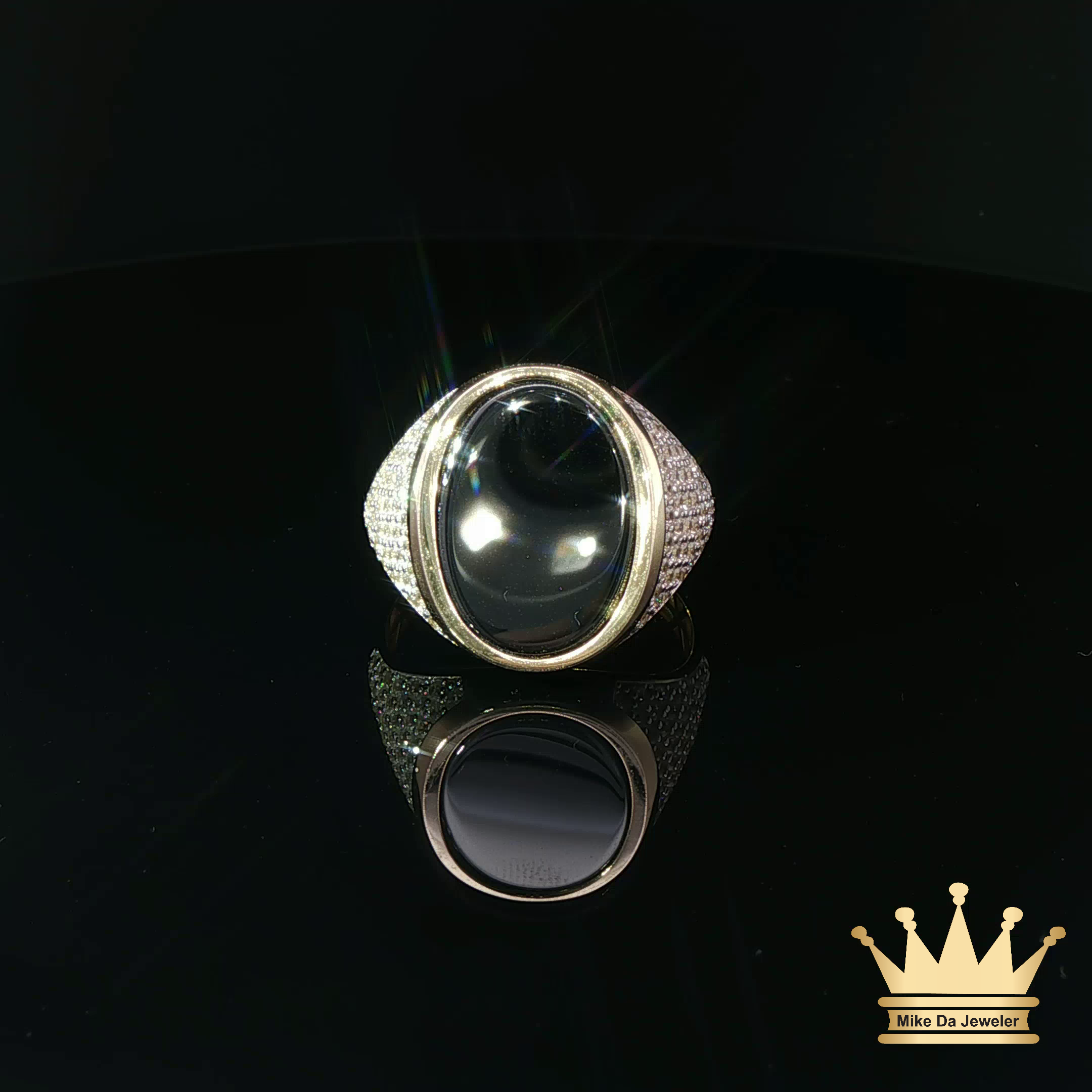14K Yellow Gold Men’s Oval Black Onyx Ring with Diamond Accents