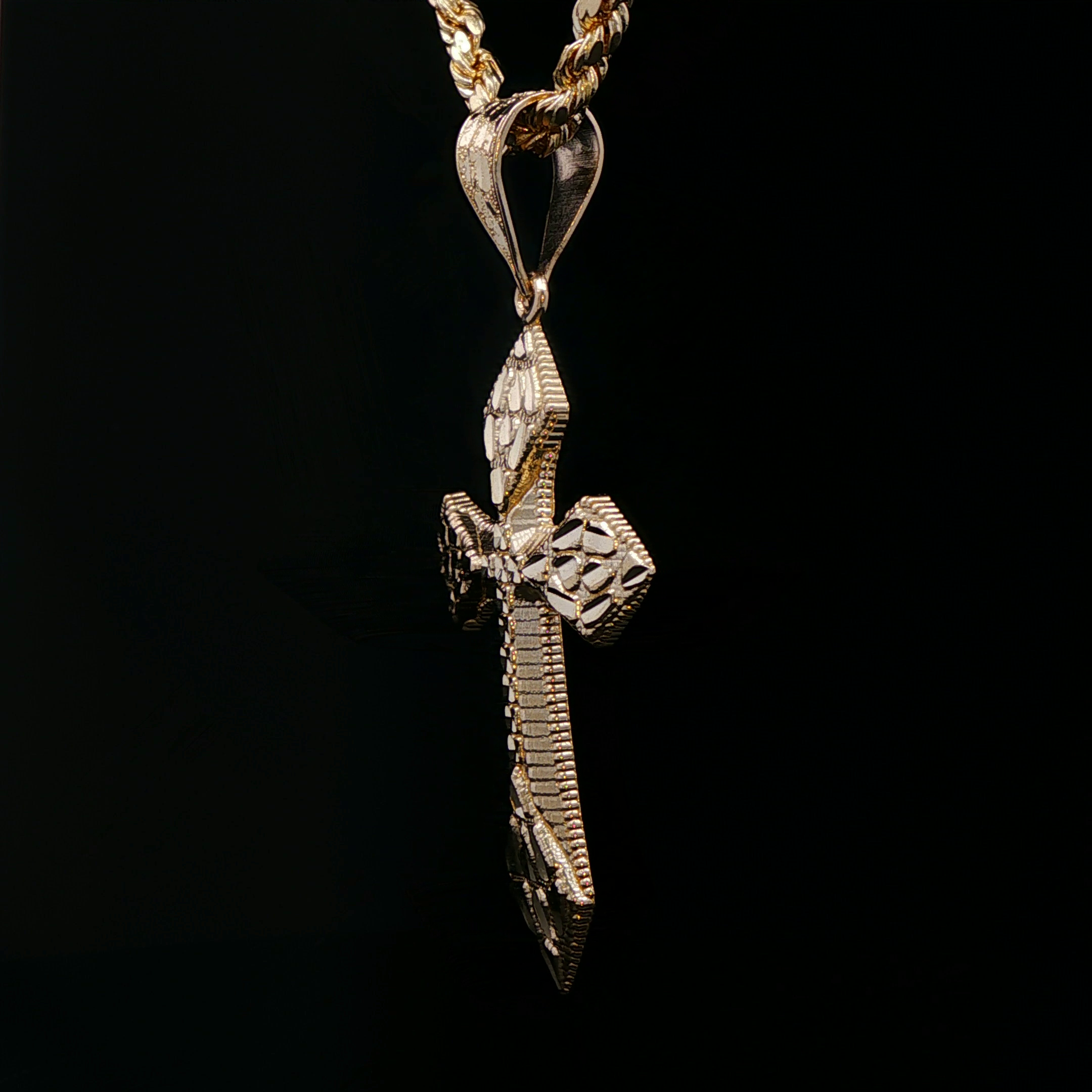 14K Gold Nugget Cross Pendant with 18K Rope Chain