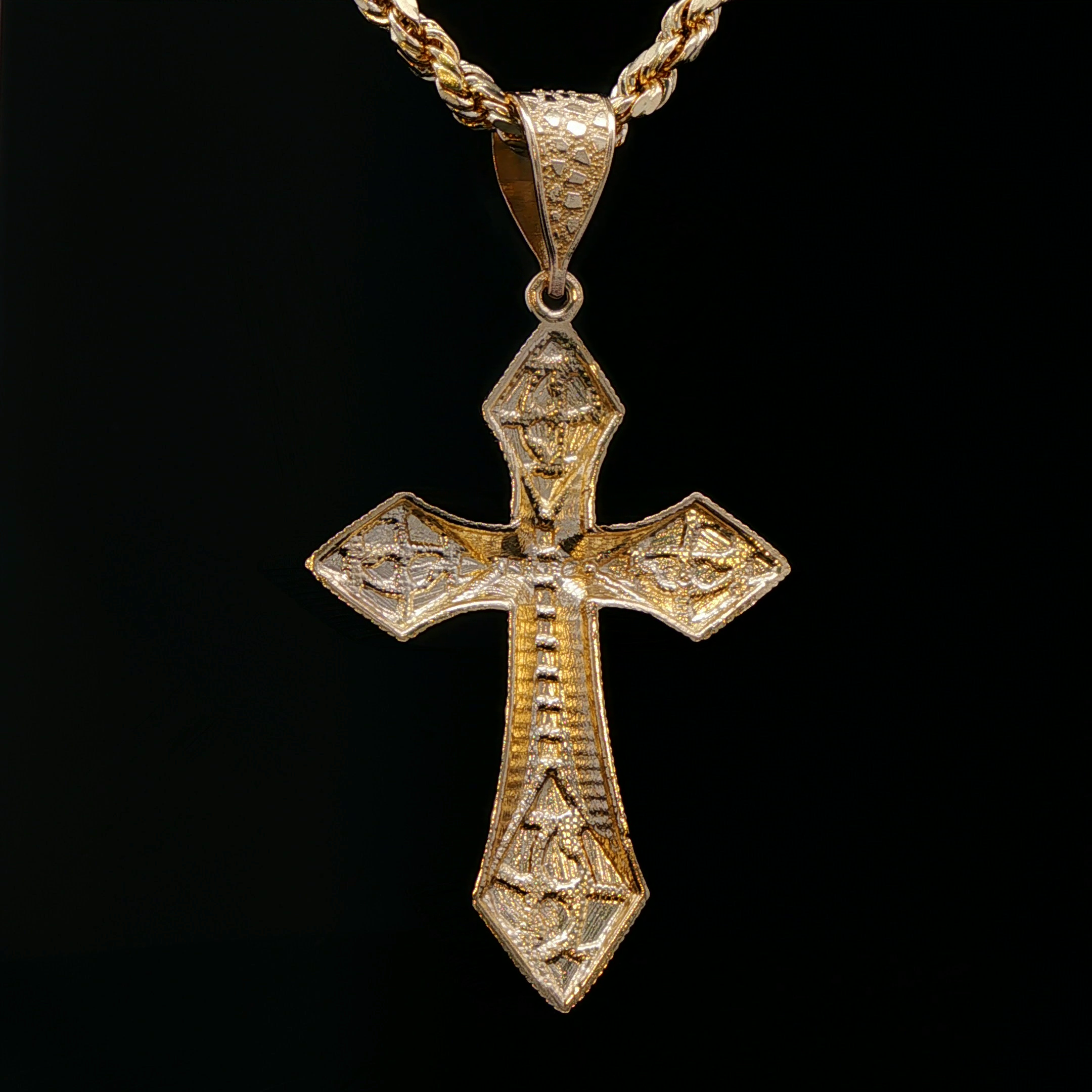 14K Gold Nugget Cross Pendant with 18K Rope Chain