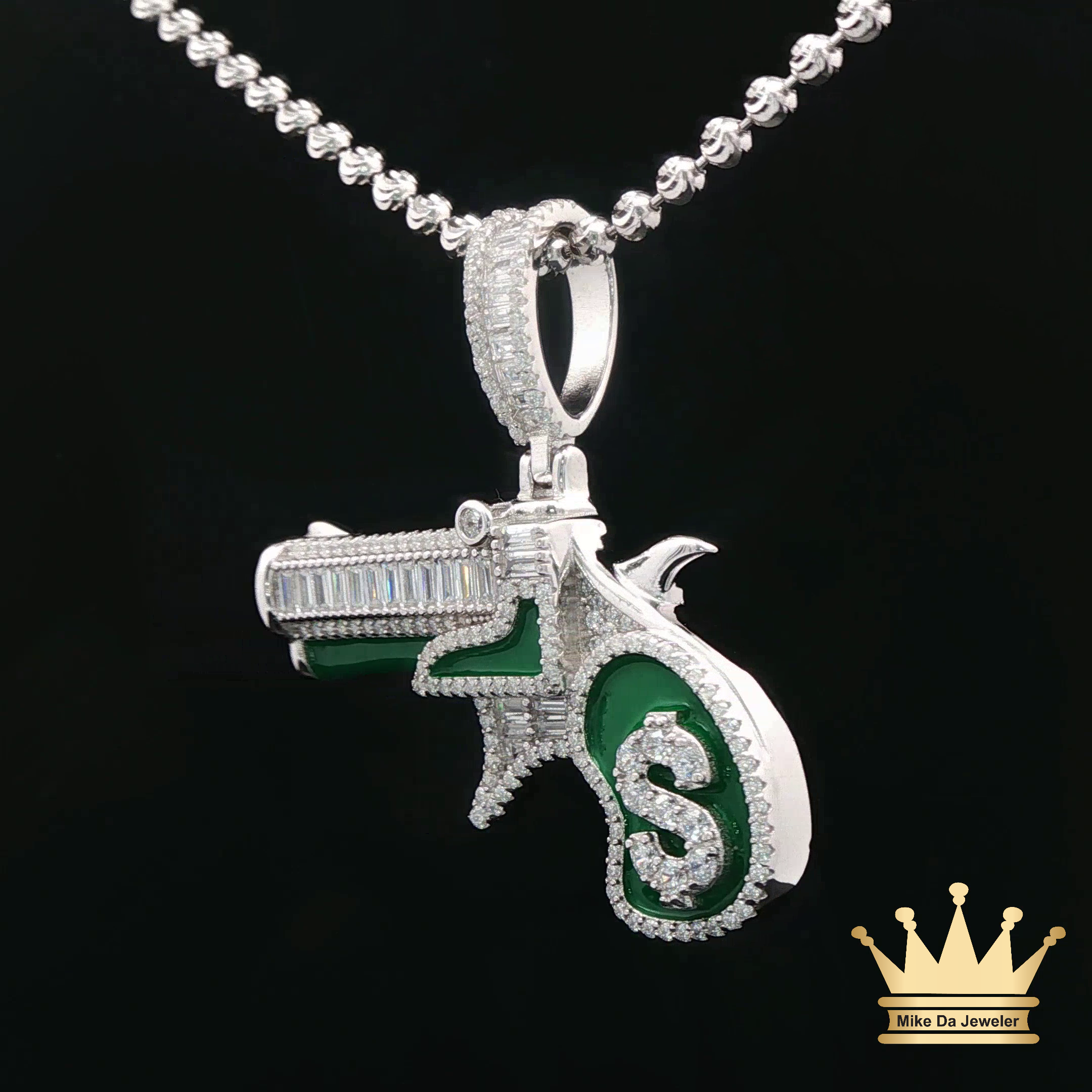 Silver Revolver Pendant with Green Enamel Accents