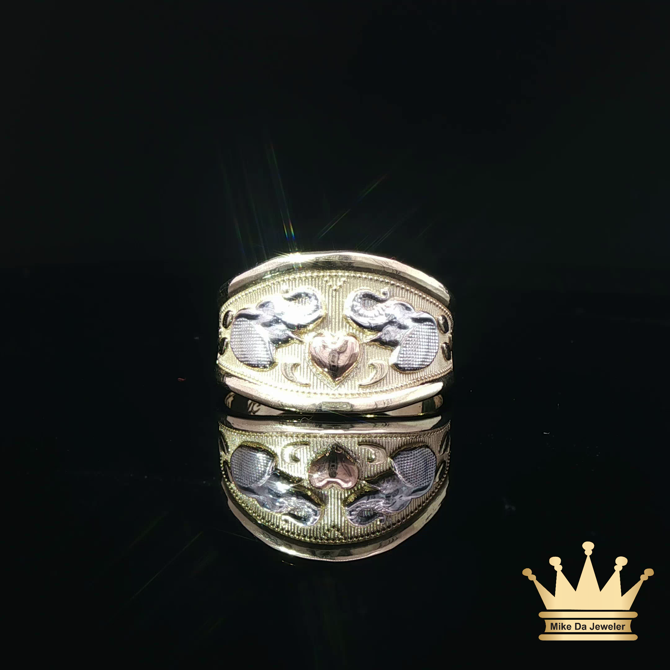 14K Tri-Color Gold Elephant & Heart Ring