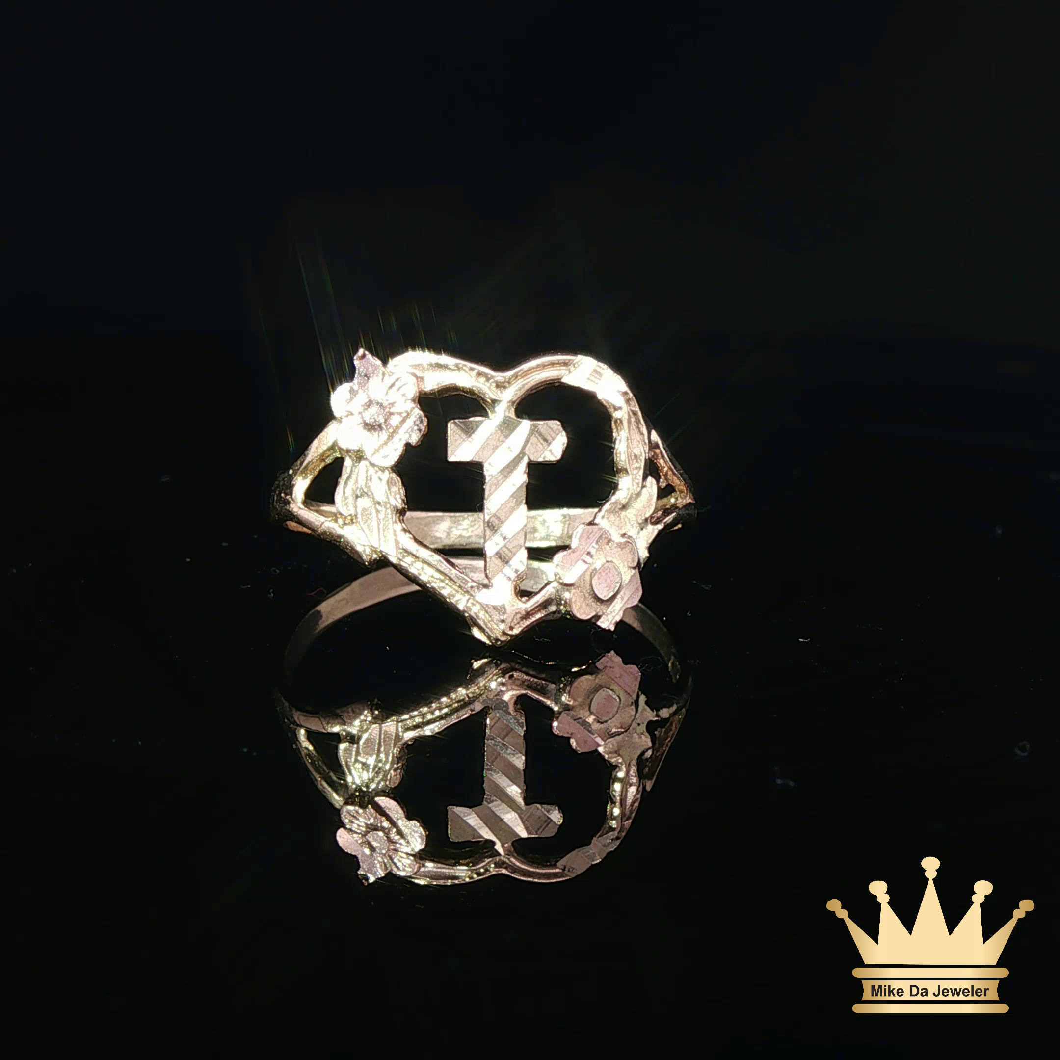 14K Two-Tone Gold Heart Ring with Cross & Floral Accents