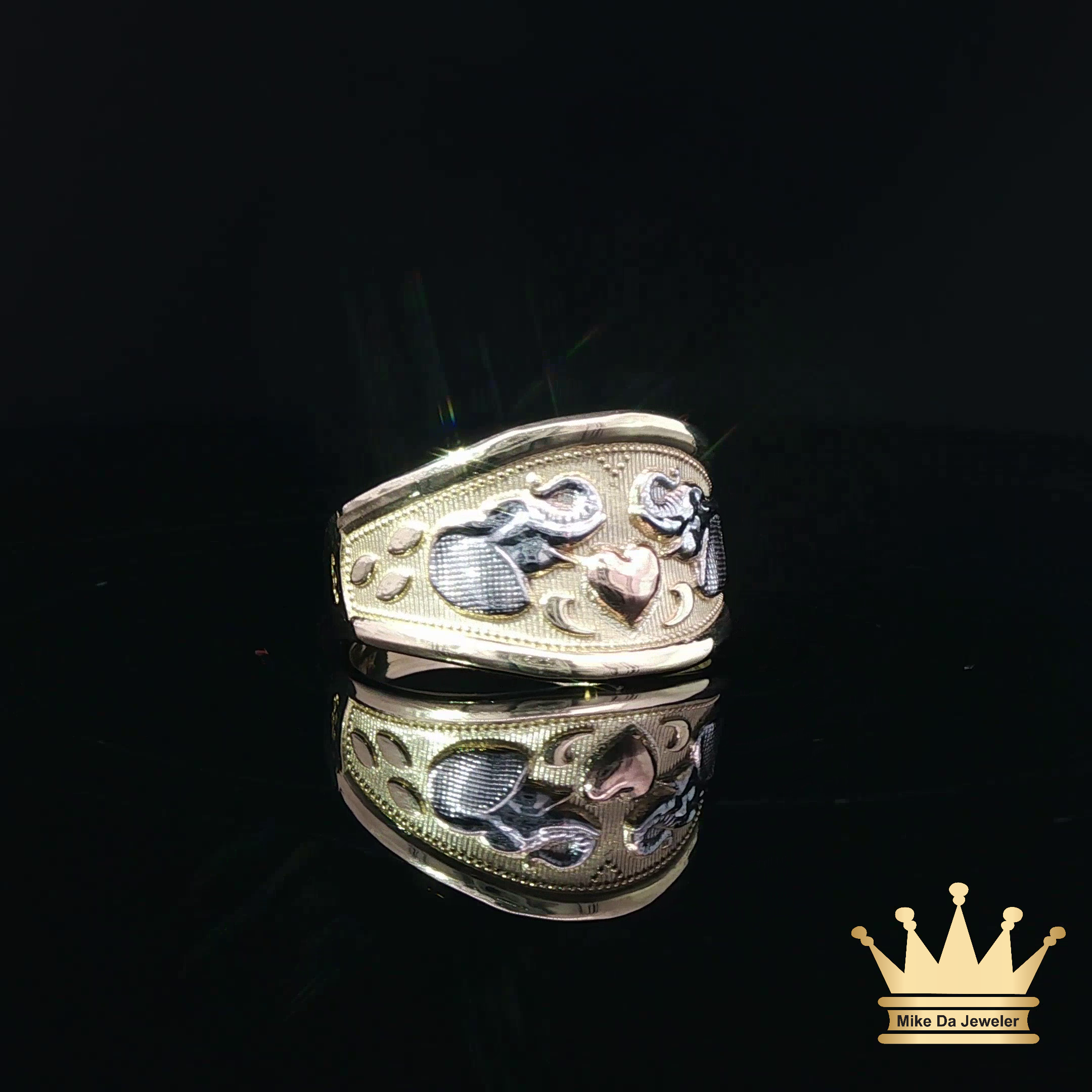 14K Tri-Color Gold Elephant & Heart Ring