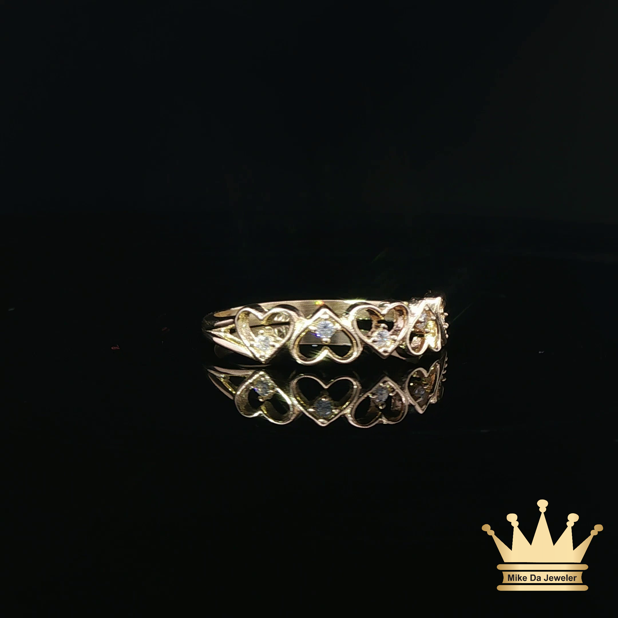 14K Yellow Gold Open Heart Ring with Cubic Zirconia Accents
