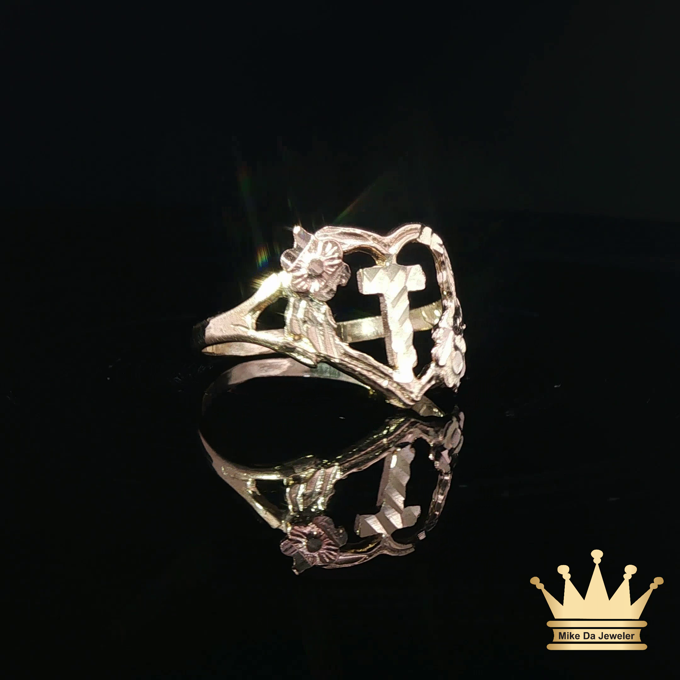 14K Two-Tone Gold Heart Ring with Cross & Floral Accents