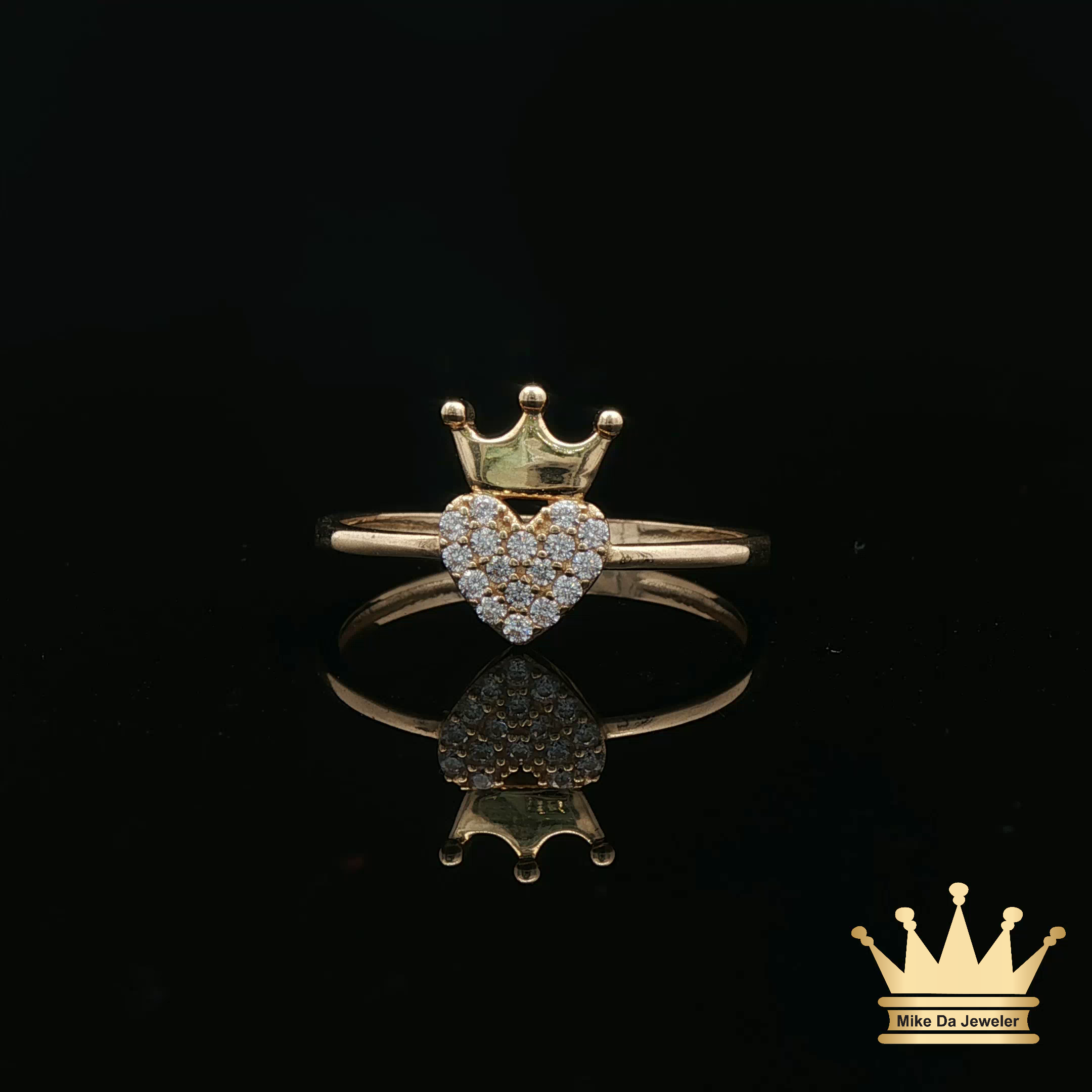 14K Yellow Gold Crown Heart Ring with Cubic Zirconia