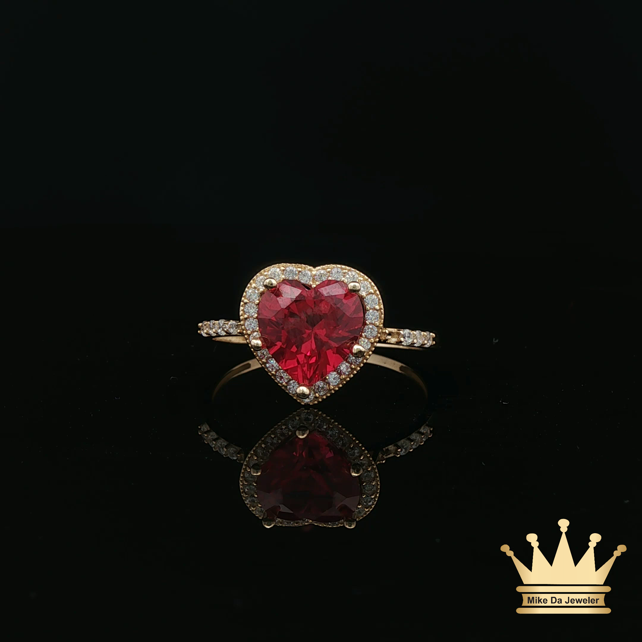 14K Yellow Gold Heart Ring with Red & White Cubic Zirconia Halo