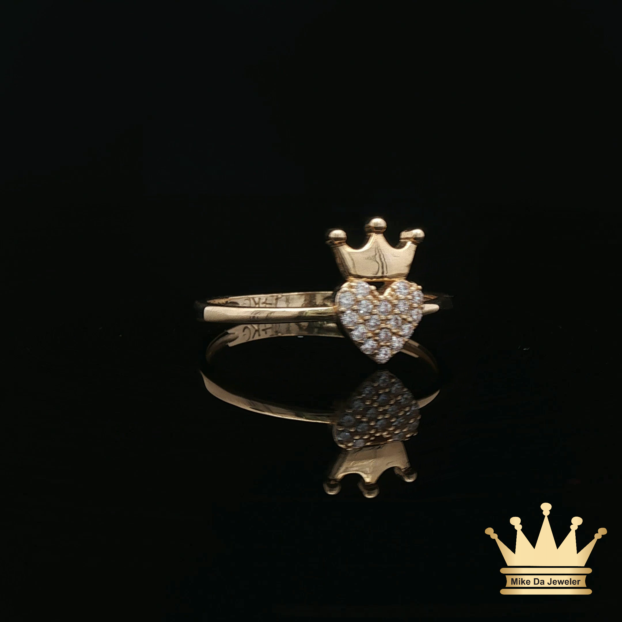 14K Yellow Gold Crown Heart Ring with Cubic Zirconia