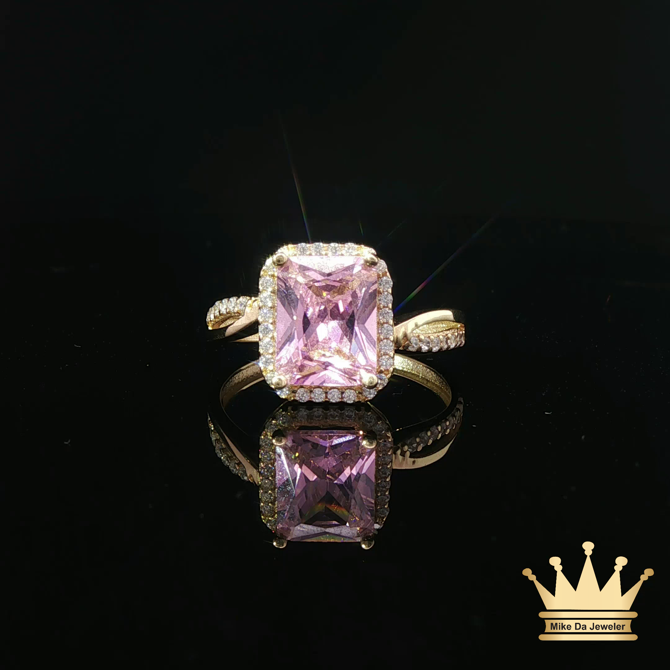 14K Yellow Gold Pink Cubic Zirconia Halo Ring