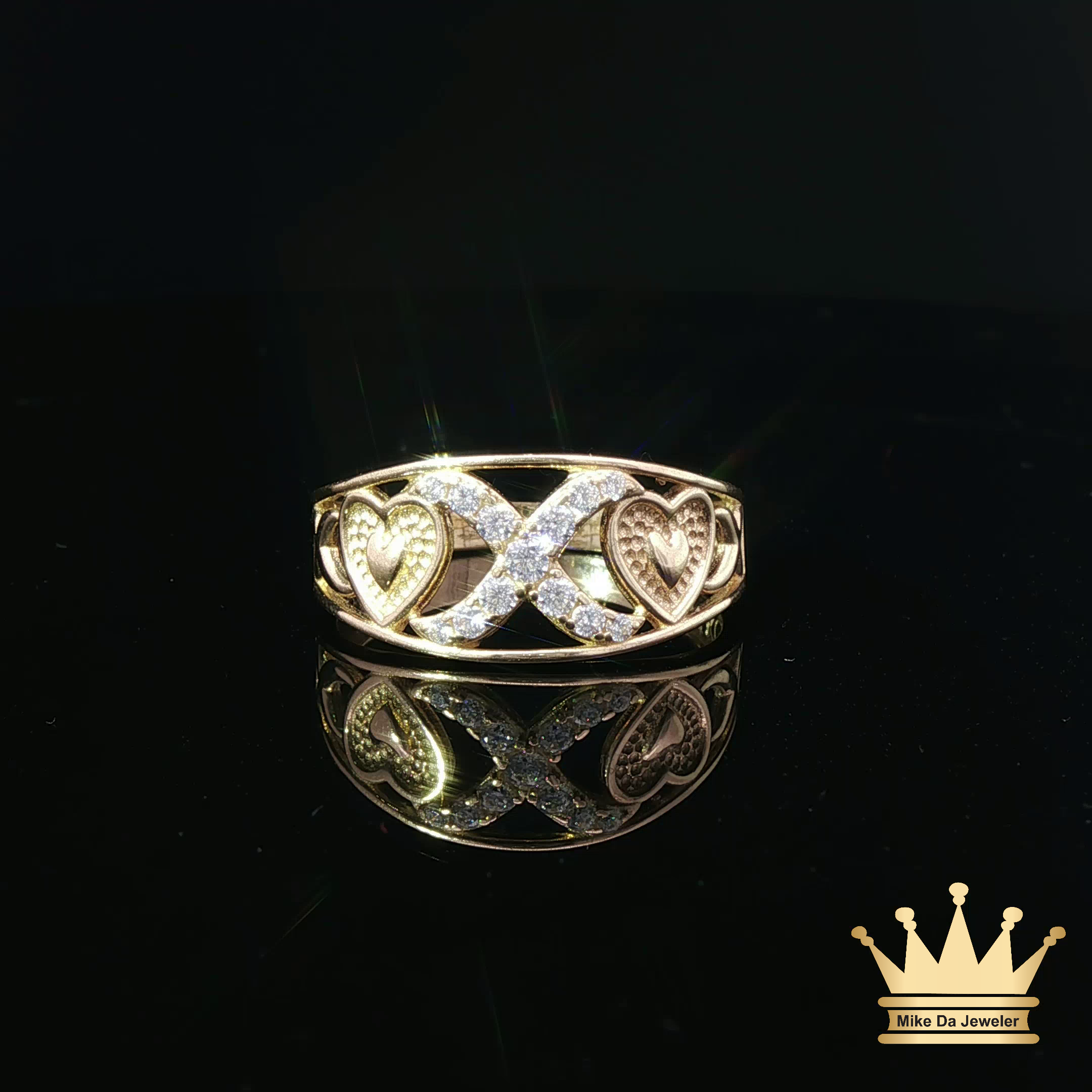14K Yellow Gold X & Heart Ring with Cubic Zirconia