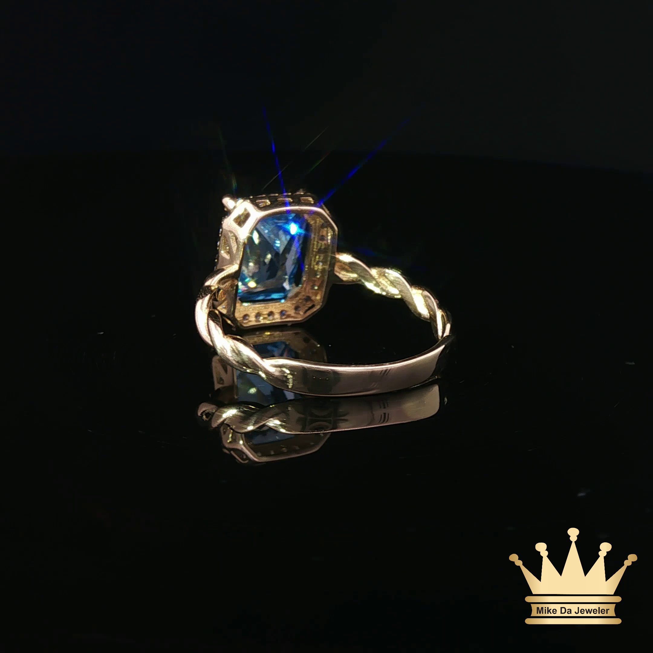 14K Yellow Gold Rope Style Ring with Blue Cubic Zirconia Halo