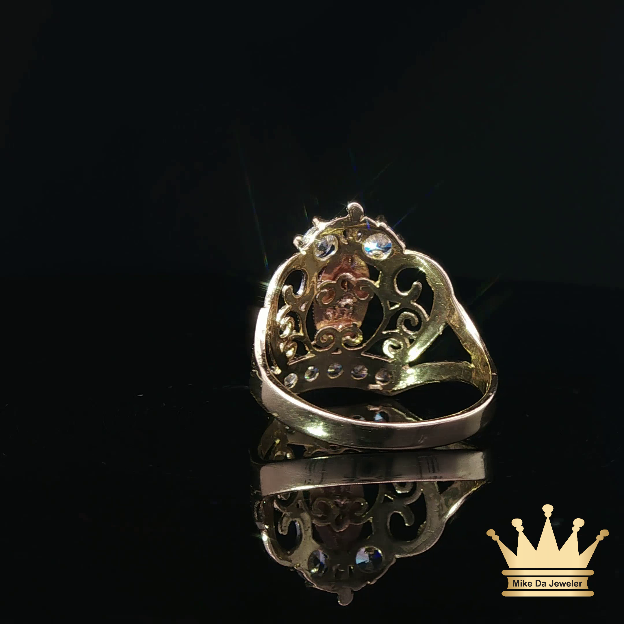 14K Tri-Color Gold Crown Saint Mary Ring with Cubic Zirconia