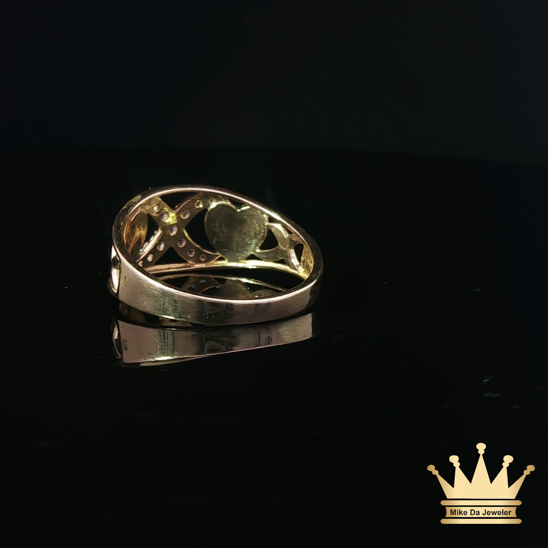 14K Yellow Gold X & Heart Ring with Cubic Zirconia