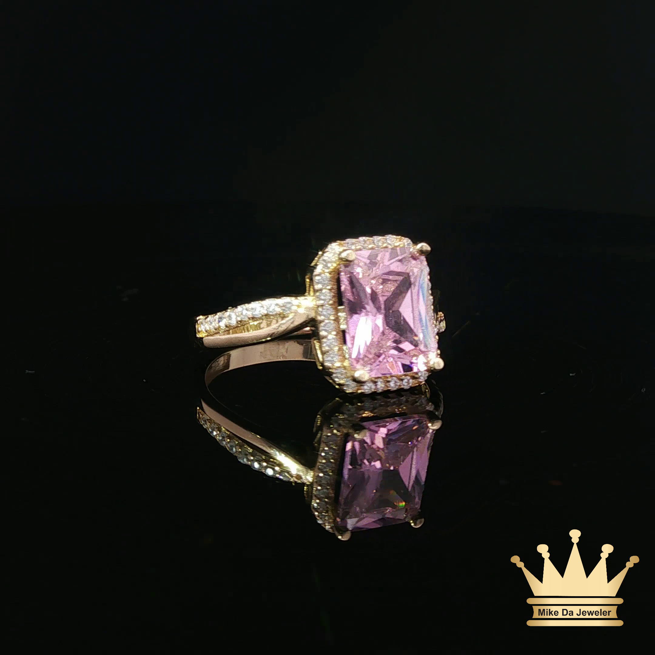 14K Yellow Gold Pink Cubic Zirconia Halo Ring