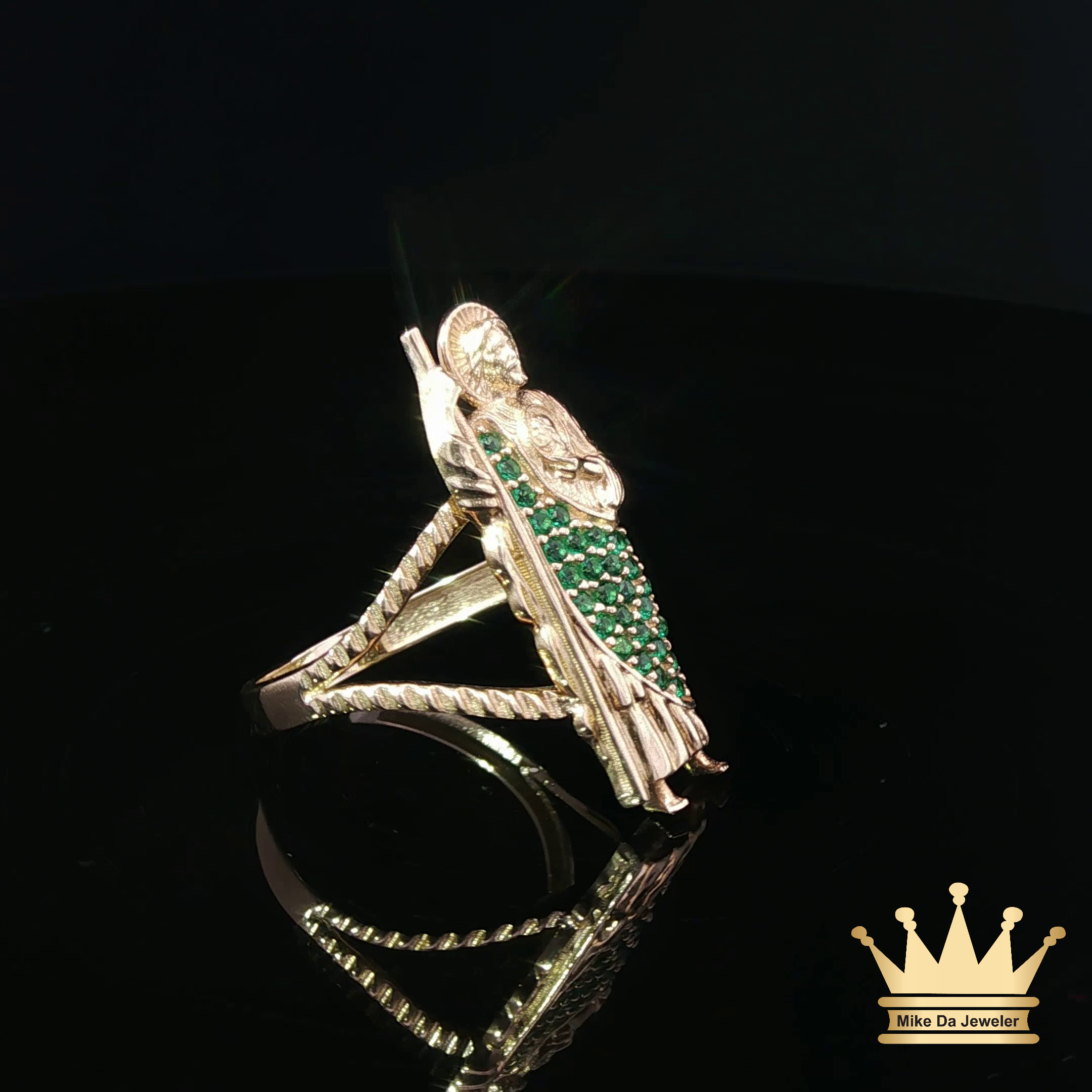 14K Gold Saint Jude Ring with Green C.Z