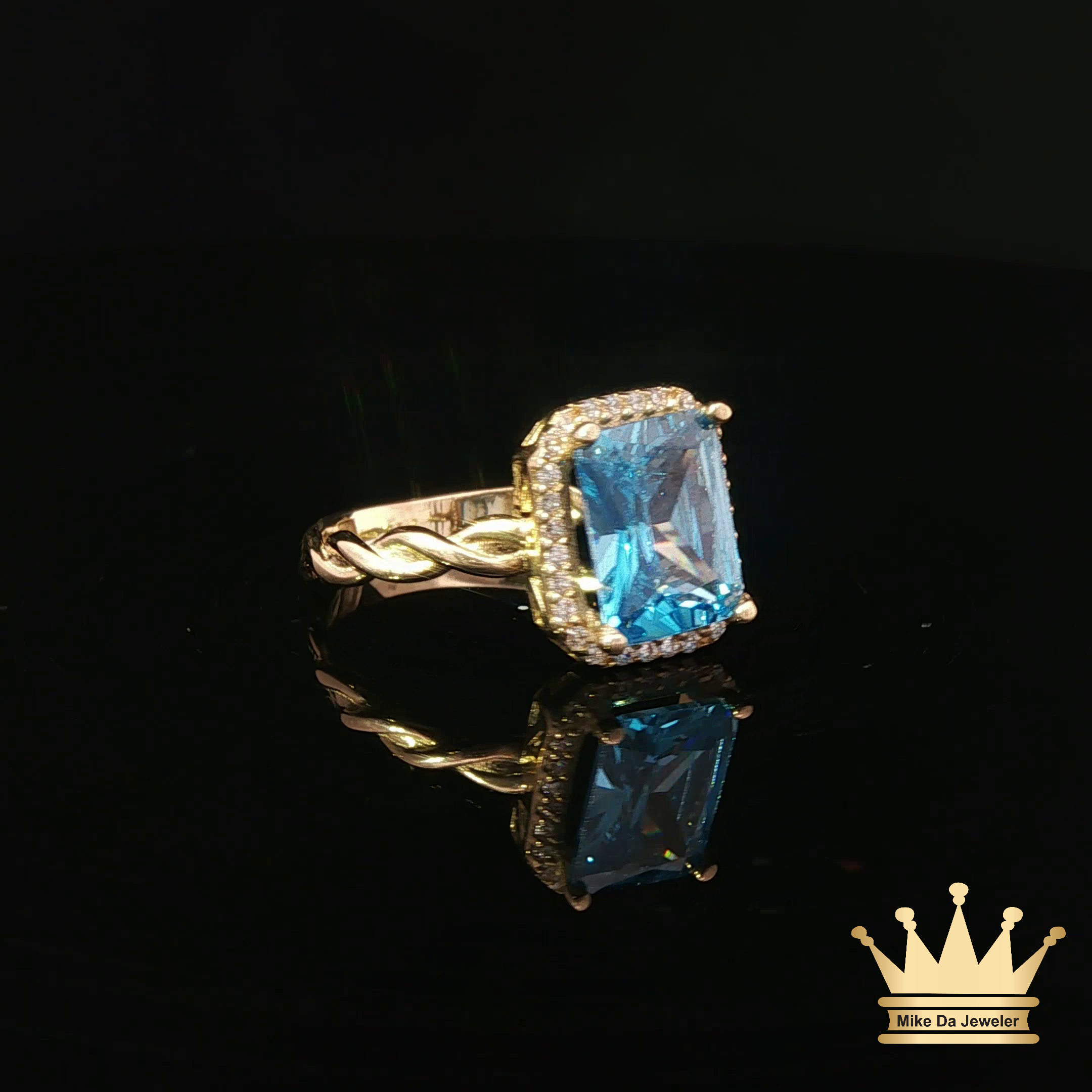 14K Yellow Gold Rope Style Ring with Blue Cubic Zirconia Halo