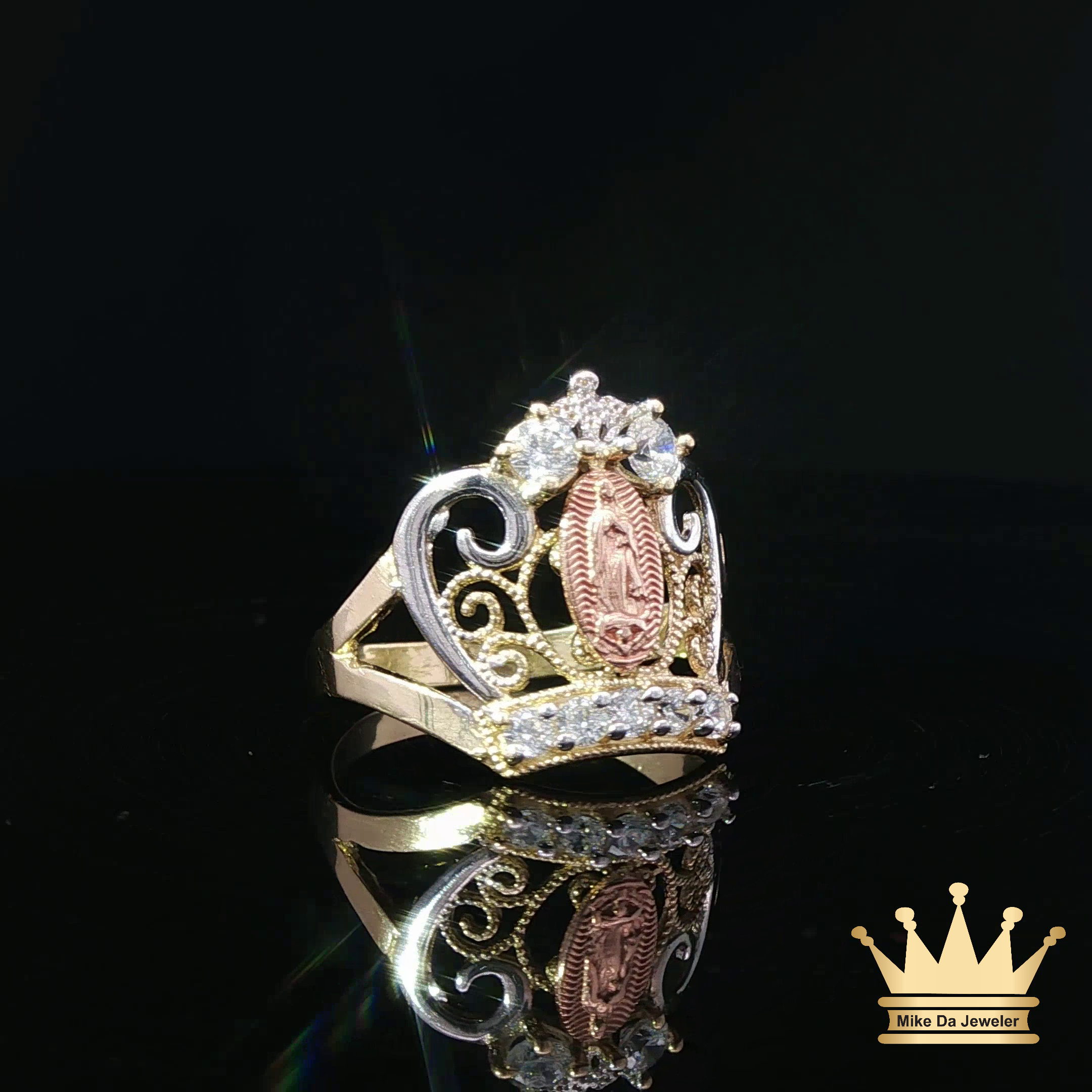 14K Tri-Color Gold Crown Saint Mary Ring with Cubic Zirconia