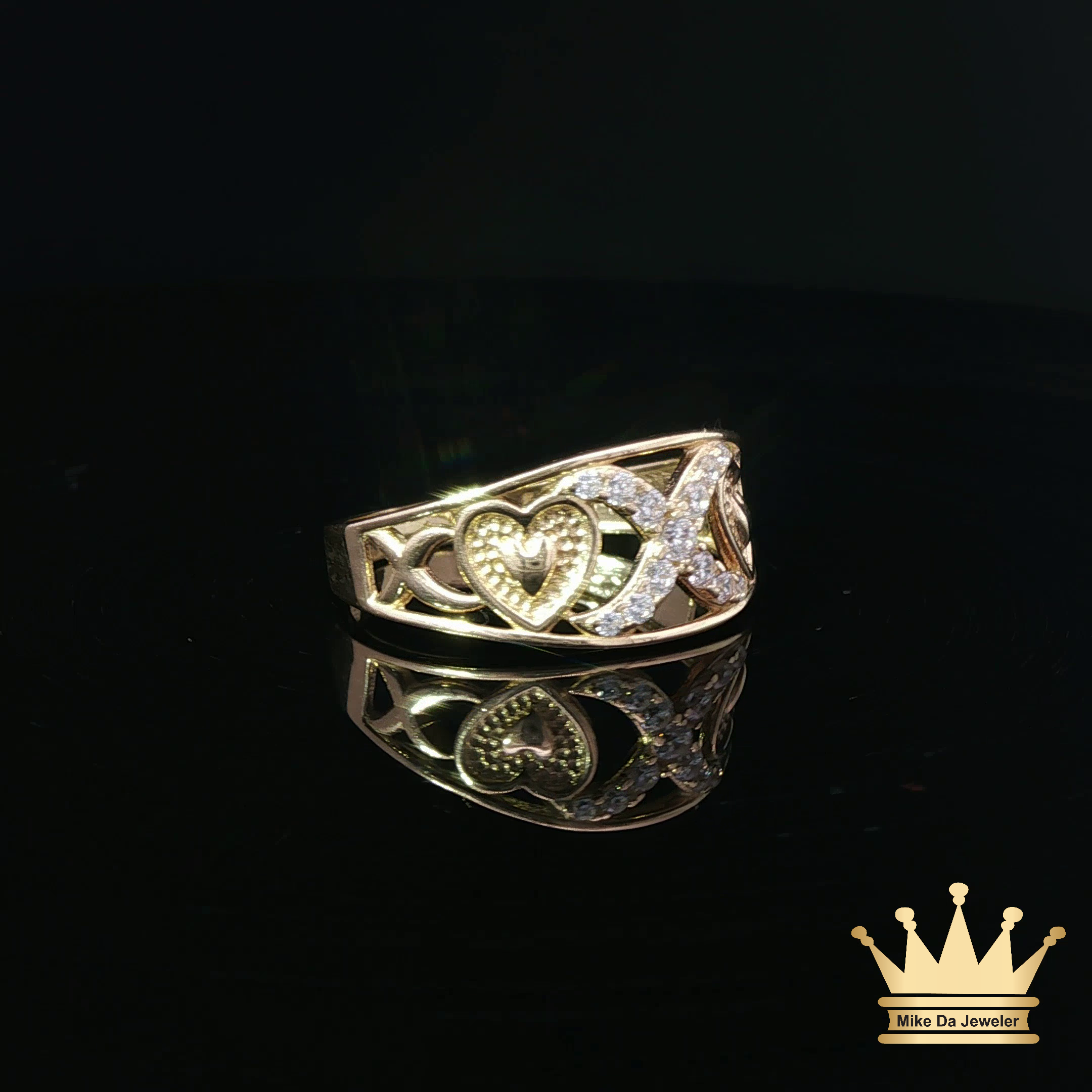 14K Yellow Gold X & Heart Ring with Cubic Zirconia