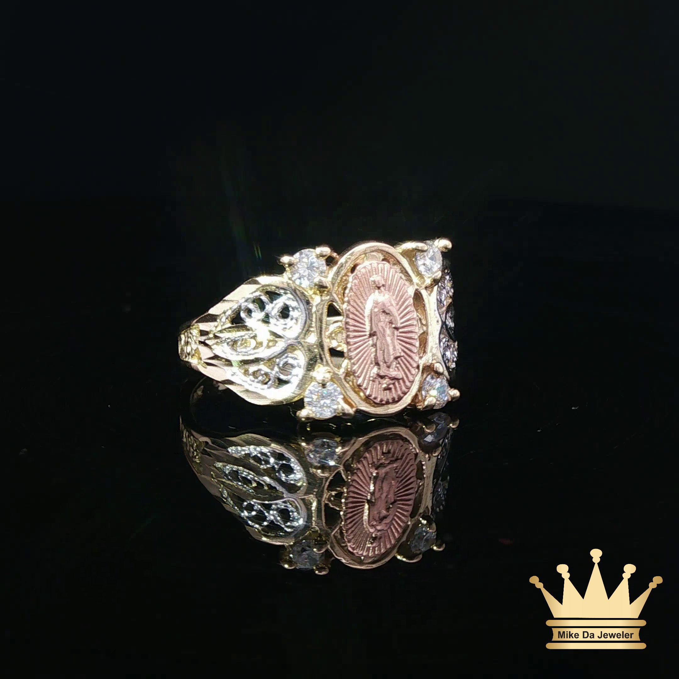 14K Tri-Color Gold Saint Mary Ring with Cubic Zirconia