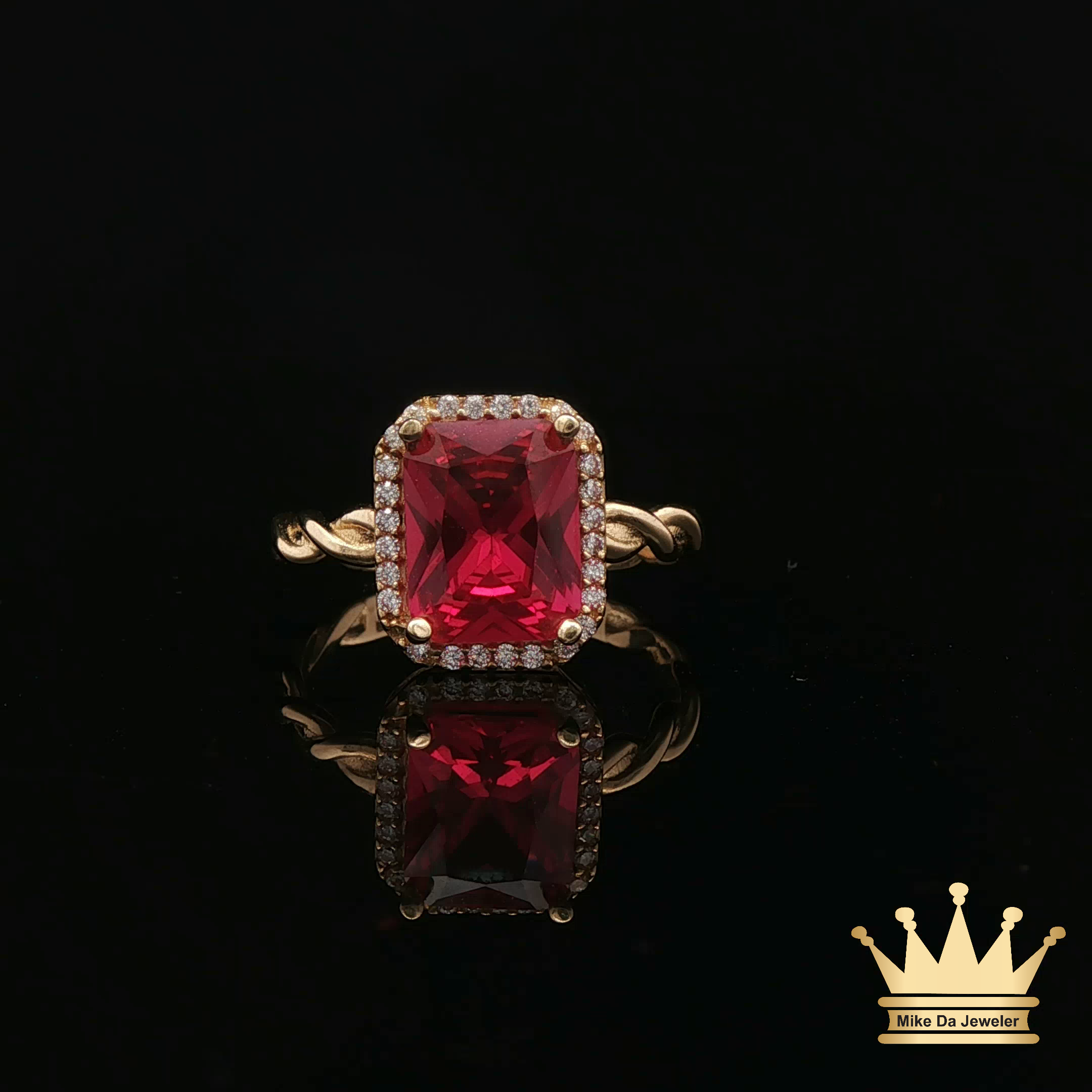 14K Yellow Gold Rope Style Ring with Red Cubic Zirconia Halo