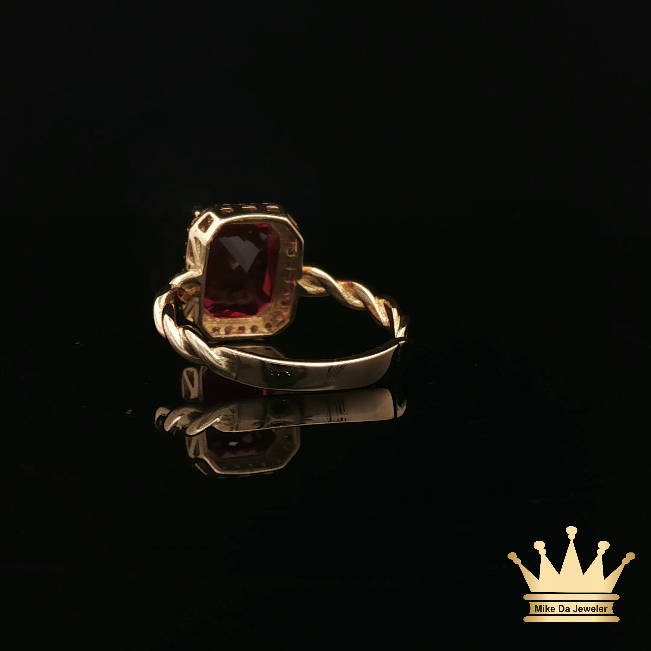 14K Yellow Gold Rope Style Ring with Red Cubic Zirconia Halo