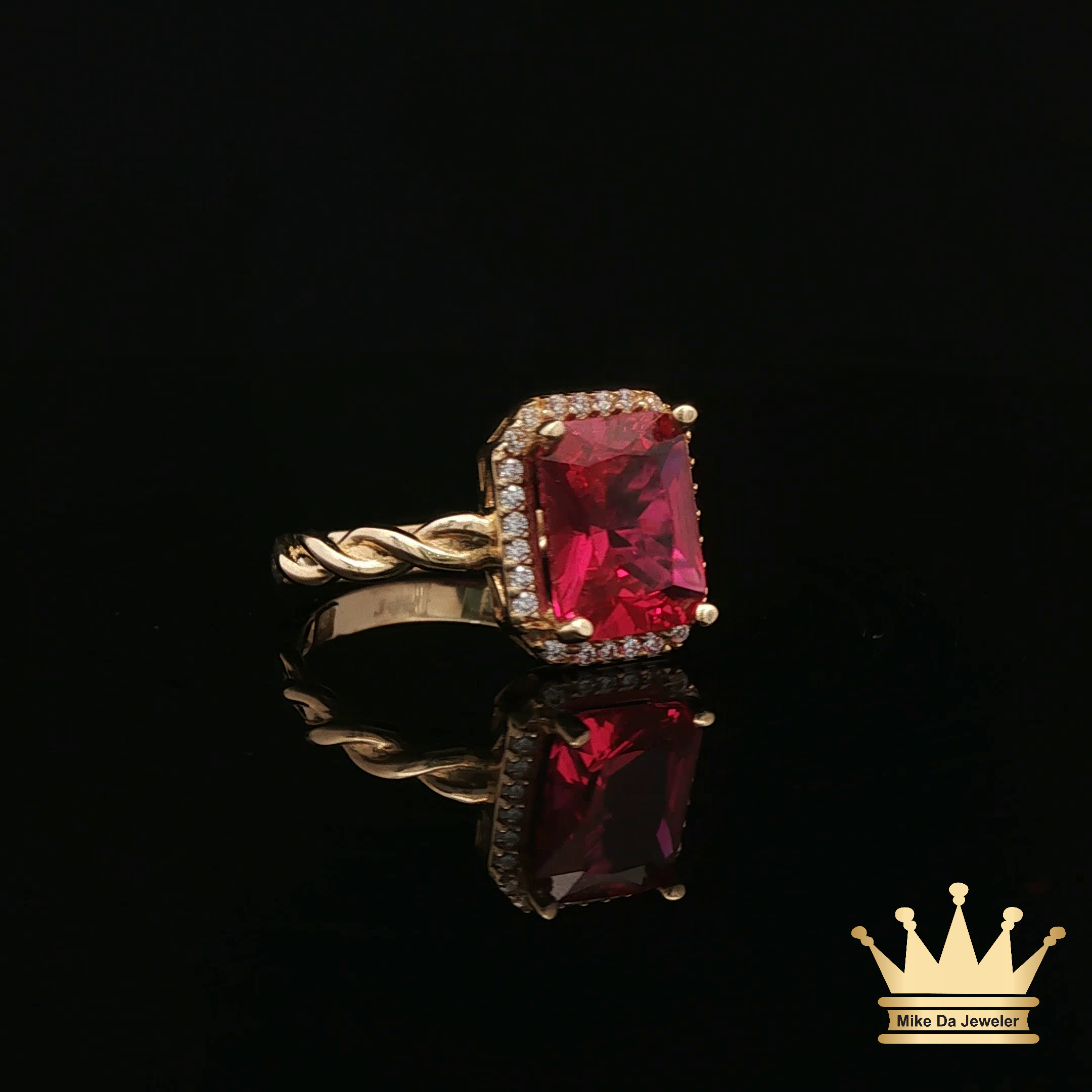 14K Yellow Gold Rope Style Ring with Red Cubic Zirconia Halo