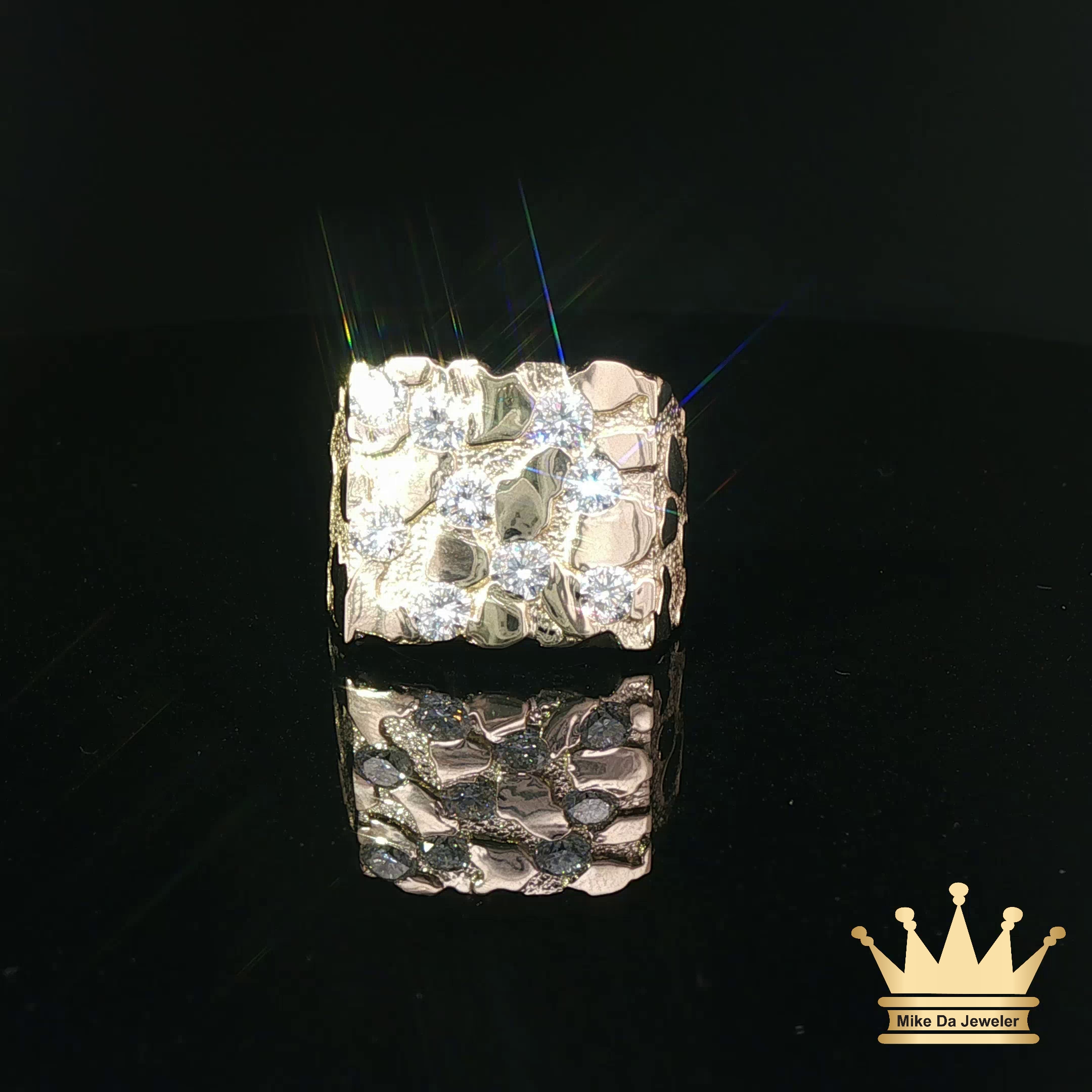 Textured Yellow Gold Diamond Nugget Signet Ring