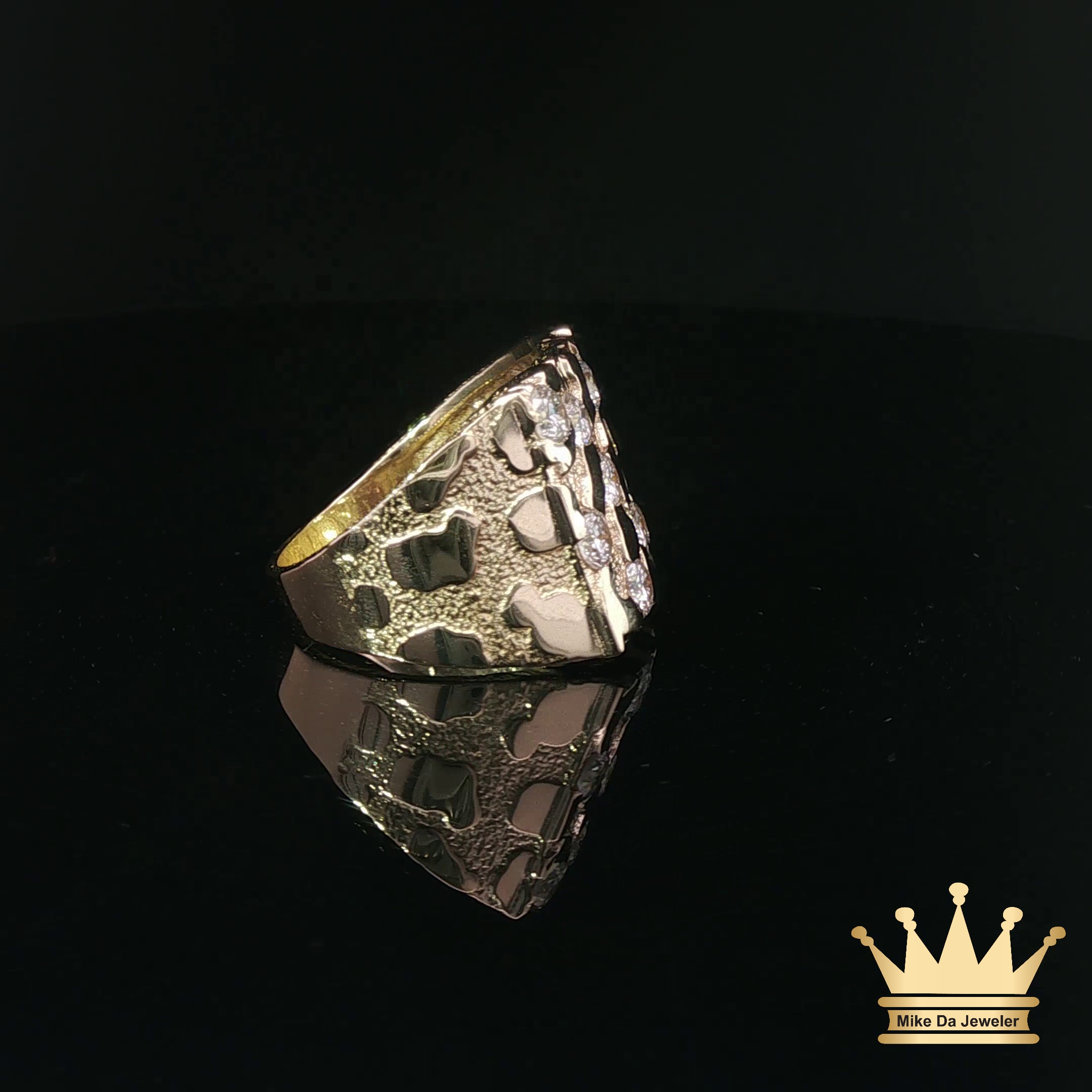 Textured Yellow Gold Diamond Nugget Signet Ring