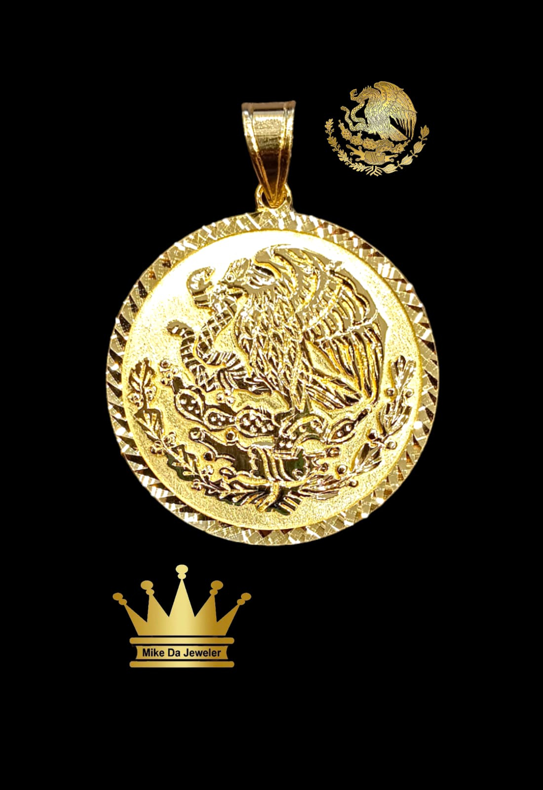 18k yellow gold handmade customized Mexican Eagle with details and Diamonds cut all borders pendant weight 15  grams size 1.5 inches