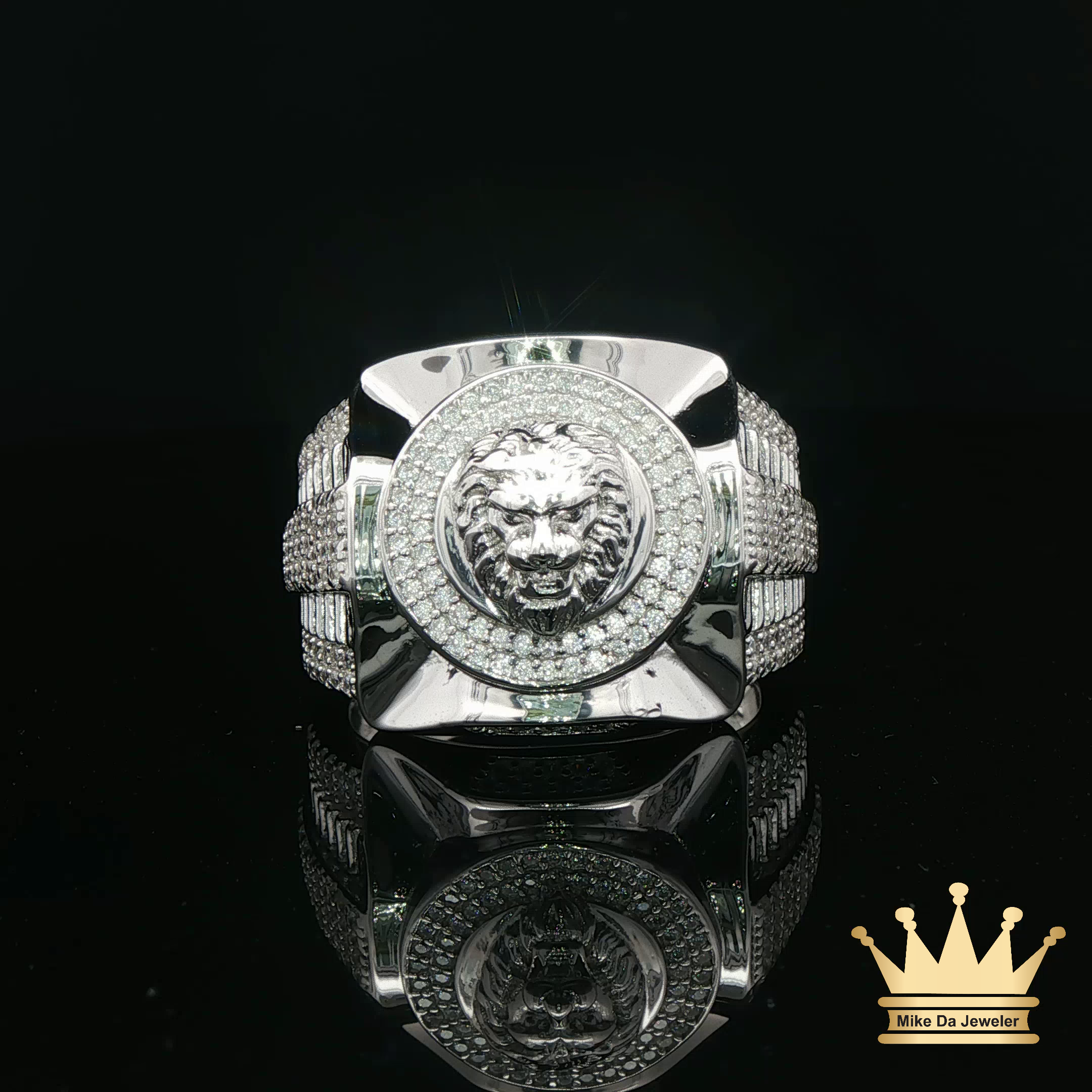 Square Lion Head Ring in Sterling Silver – Iced Circle Design