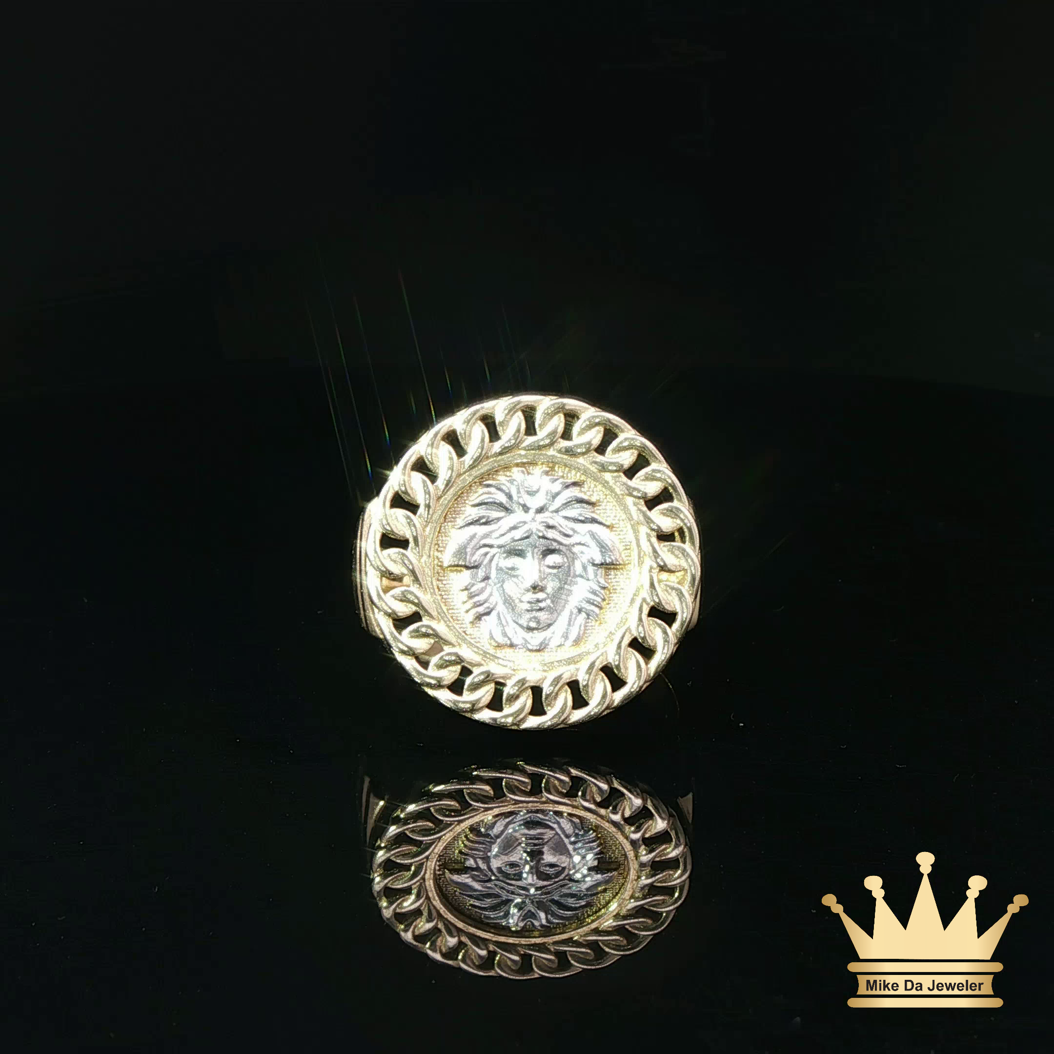 14K Circle Shaped Men's Medusa Ring with Cuban Ring Style