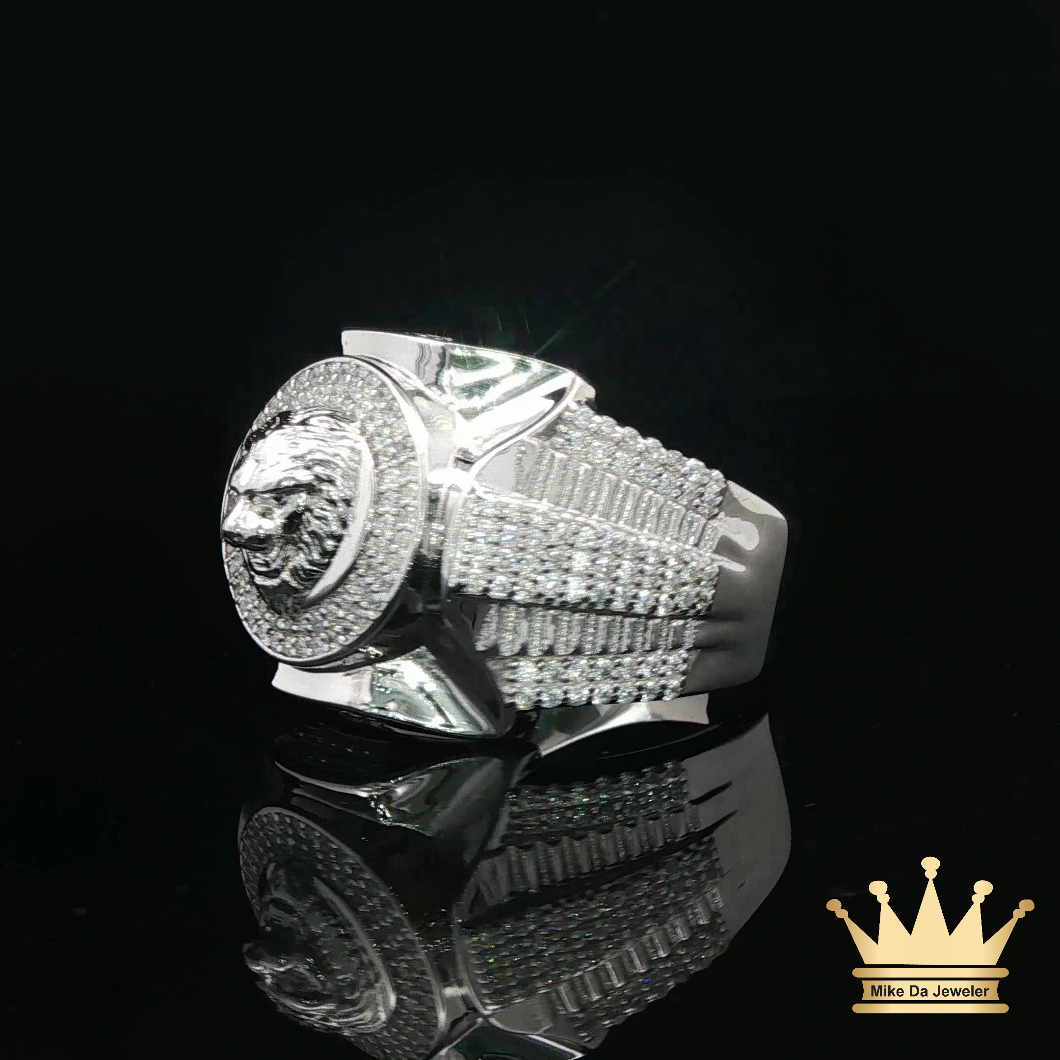 Square Lion Head Ring in Sterling Silver – Iced Circle Design
