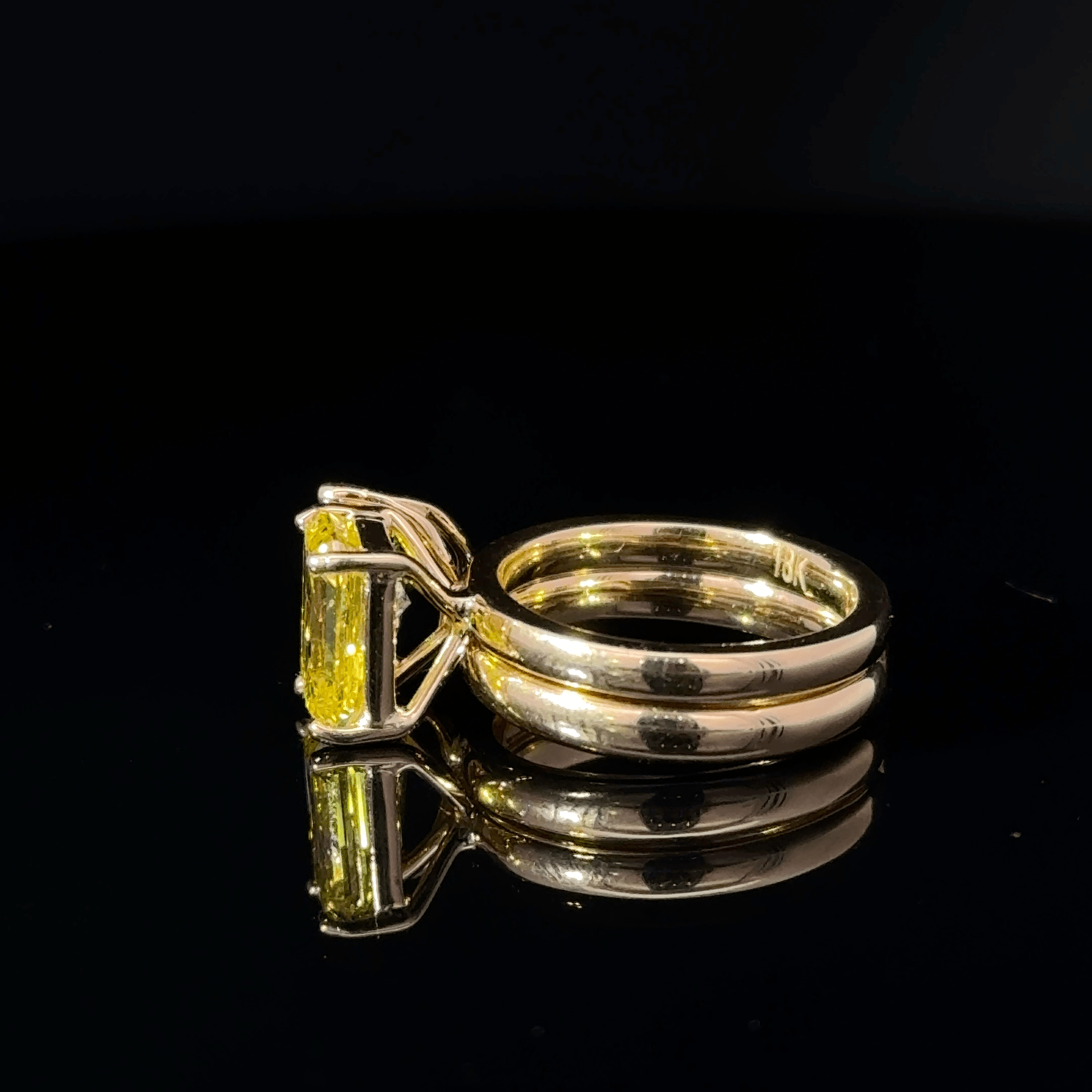 Yellow Gold Two-Stone Ring with Fancy Yellow Emerald Cut Diamond and Pear Quartz