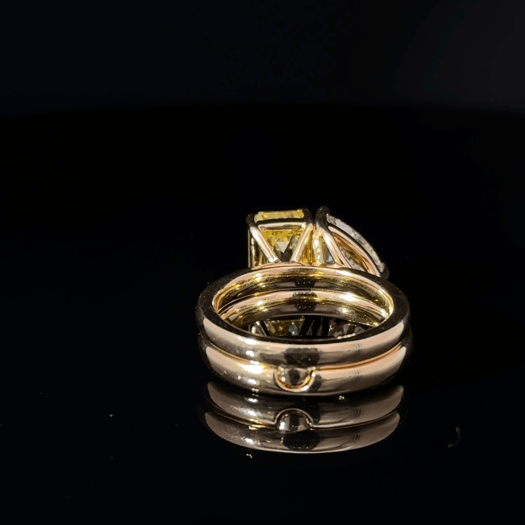 Yellow Gold Two-Stone Ring with Fancy Yellow Emerald Cut Diamond and Pear Quartz
