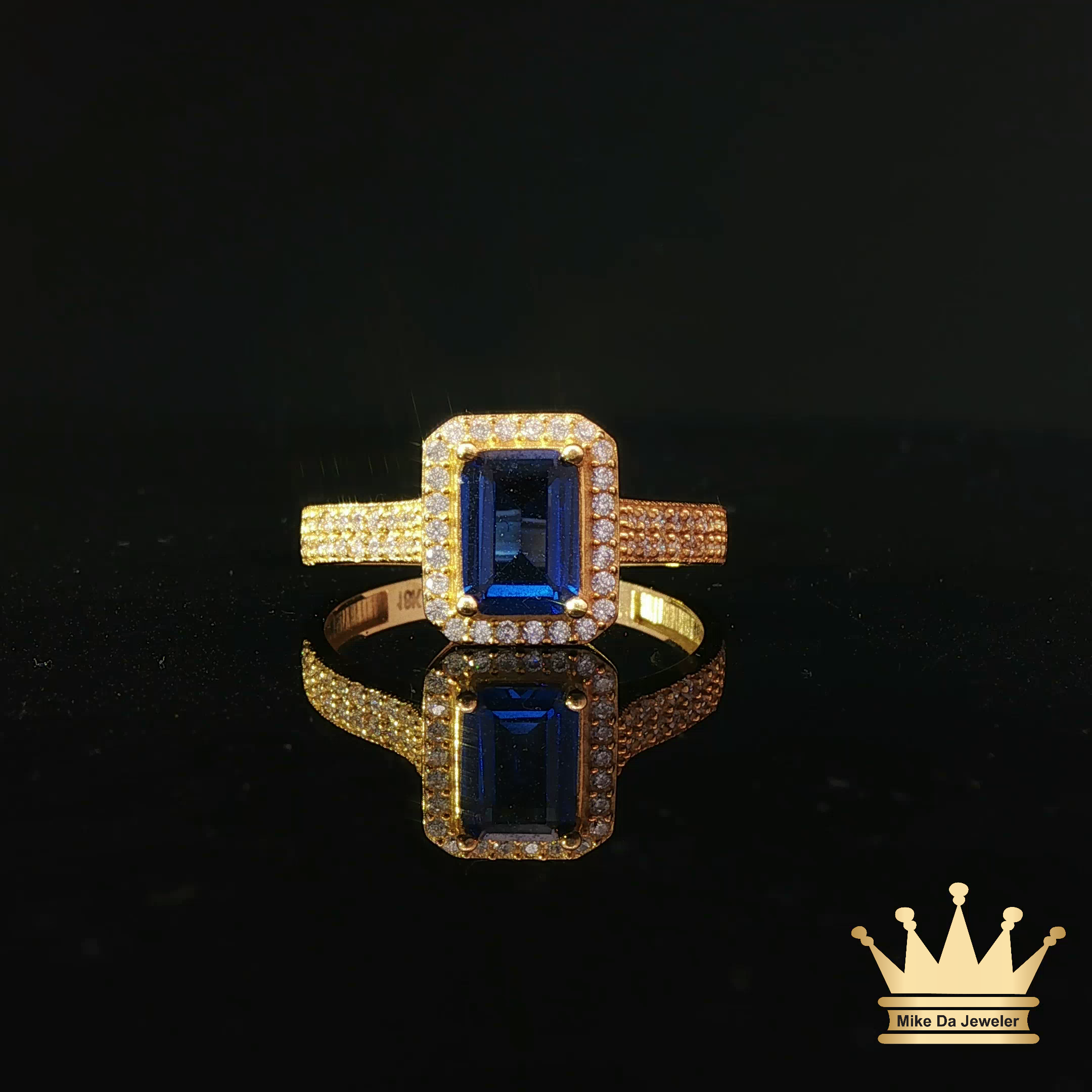 18K Gold Ring with Blue & White C.Z – Emerald Cut Statement Ring