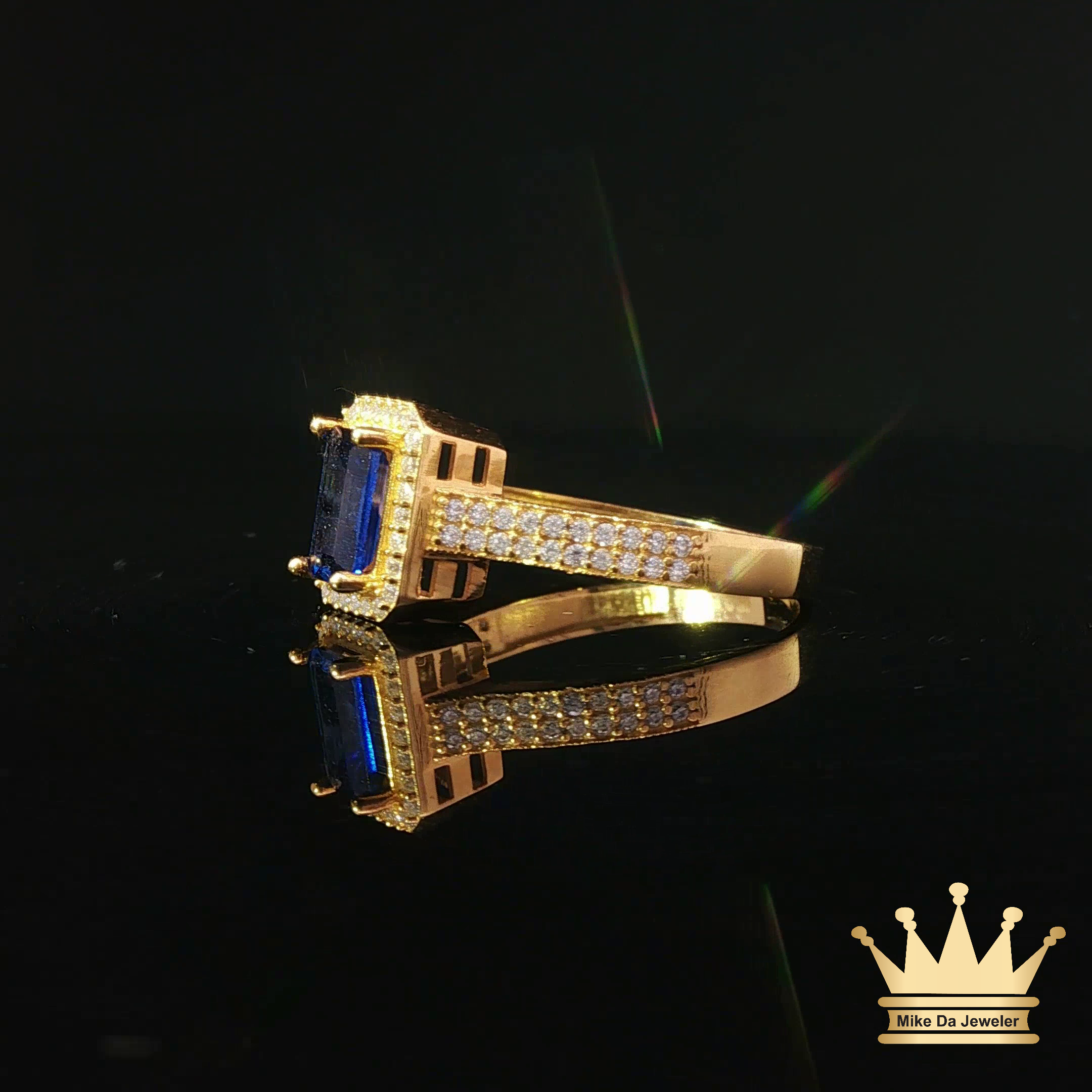 18K Gold Ring with Blue & White C.Z – Emerald Cut Statement Ring